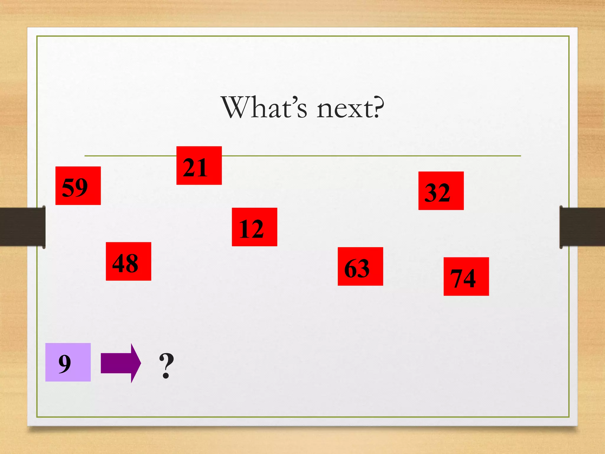 What’s next? 
59 
48 
21 
12 
9 
63 
32 
74 
? 
 
