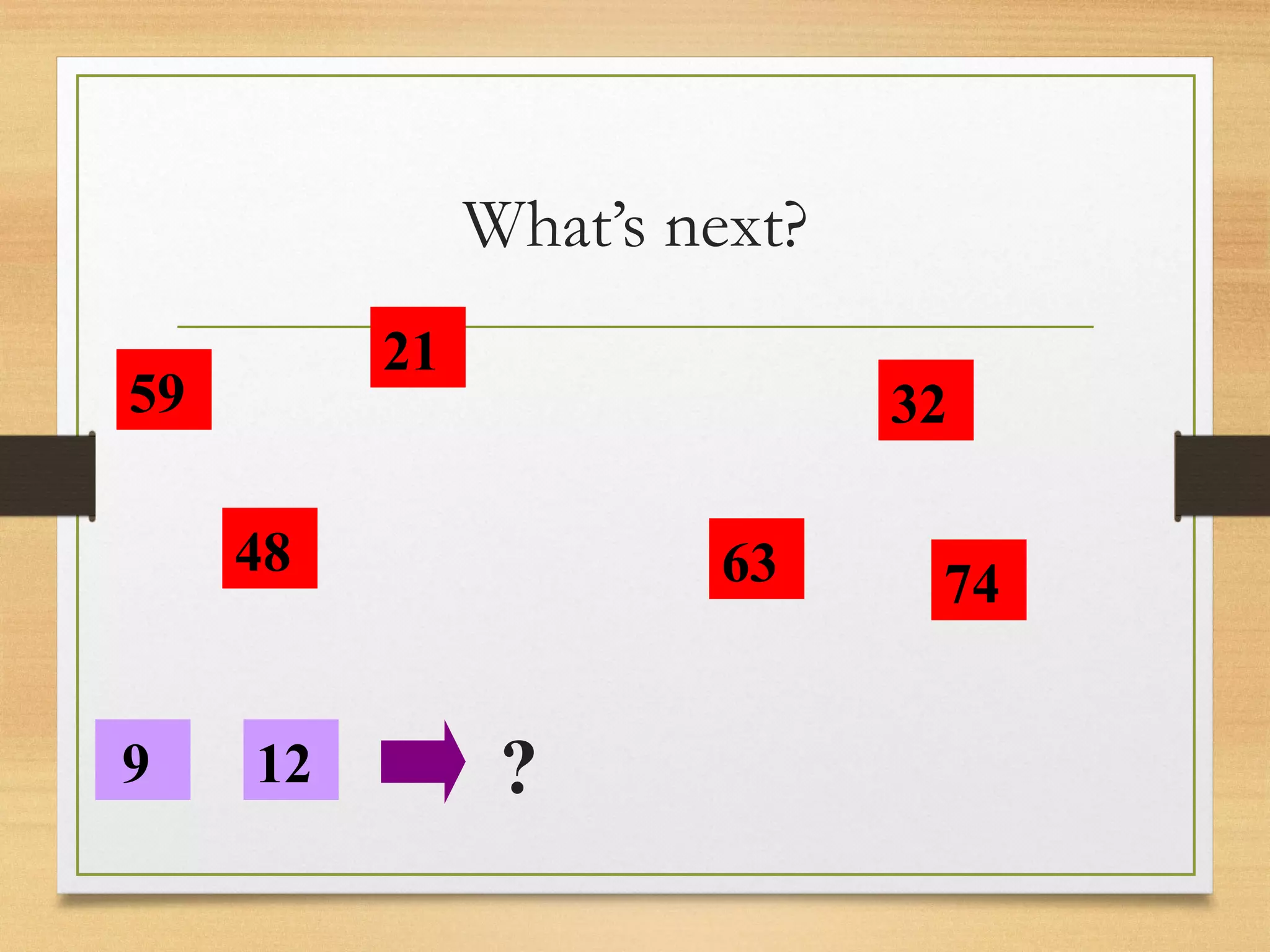 What’s next? 
59 
48 
21 
9 12 
63 
32 
74 
? 
 