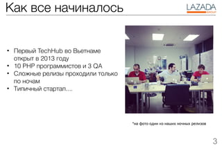 Как все начиналось
• Первый TechHub во Вьетнаме
открыт в 2013 году
• 10 PHP программистов и 3 QA 
• Сложные релизы проходили только
по ночам
• Типичный стартап....
*на фото один из наших ночных релизов
3
 