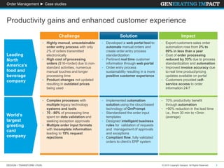 DESIGN • TRANSFORM • RUN © 2015 Copyright Genpact. All Rights Reserved. 1
Productivity gains and enhanced customer experience
Order Management ► Case studies
SolutionChallenge Impact
• Highly manual, unsustainable
order entry process with only
2% of orders transmitted
electronically
• High cost of processing
orders ($16+/order) due to non-
standard activities, numerous
manual touches and longer
processing time
• Product changes not updated
resulting in outdated prices
being used
Leading
North
America’s
food and
beverage
company
• Developed a web portal tool to
automate manual orders and
create order entry process
standardization
• Pertinent real time customer
information through web portal
• Order entry process
sustainability resulting in a more
positive customer experience
• Export customers sales order
automation rose from 2% to
99% in less than a year
• Cost of order processing
reduced by 33% due to process
standardization and automation
• Improved invoice accuracy due
to real time product/pricing
updates available on portal
• Customers provided self-
service access to order
information 24/7
• Complex processes with
multiple legacy technology
systems and tools
• 70 - 80% of processing time
spent on data validation and
seeking exception approvals
• Multiple order input formats
with incomplete information
leading to 19% request
rejections
World’s
largest
greeting
card
company
• Implemented automation
solution using the cloud-based
technology of OmPrompt
• Standardized the order input
templates
• Designed intelligent business
rules for validation of requests
and management of approvals
and exceptions
• Compliant flow, fully validated
orders to client’s ERP system
• 70% productivity benefit
through automation
• >90% reduction in the lead time
i.e., from 30 min to <3min
(average)
 