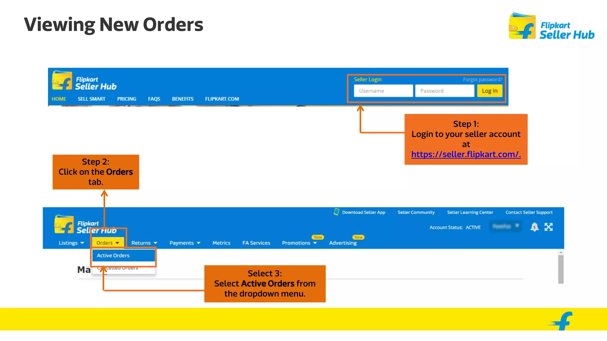 Viewing New Orders
Step 1:
Login to your seller account
at
https://seller.flipkart.com/.
Step 2:
Click on the Orders
tab.
Select 3:
Select Active Orders from
the dropdown menu.
 