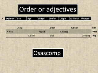 Order of adjectives
Opinion Size Age Shape Colour Origin Material Purpose
A big green rubber
A nice round Chinese
An old blue sleeping
A
bag
ball
vase
Osascomp
 