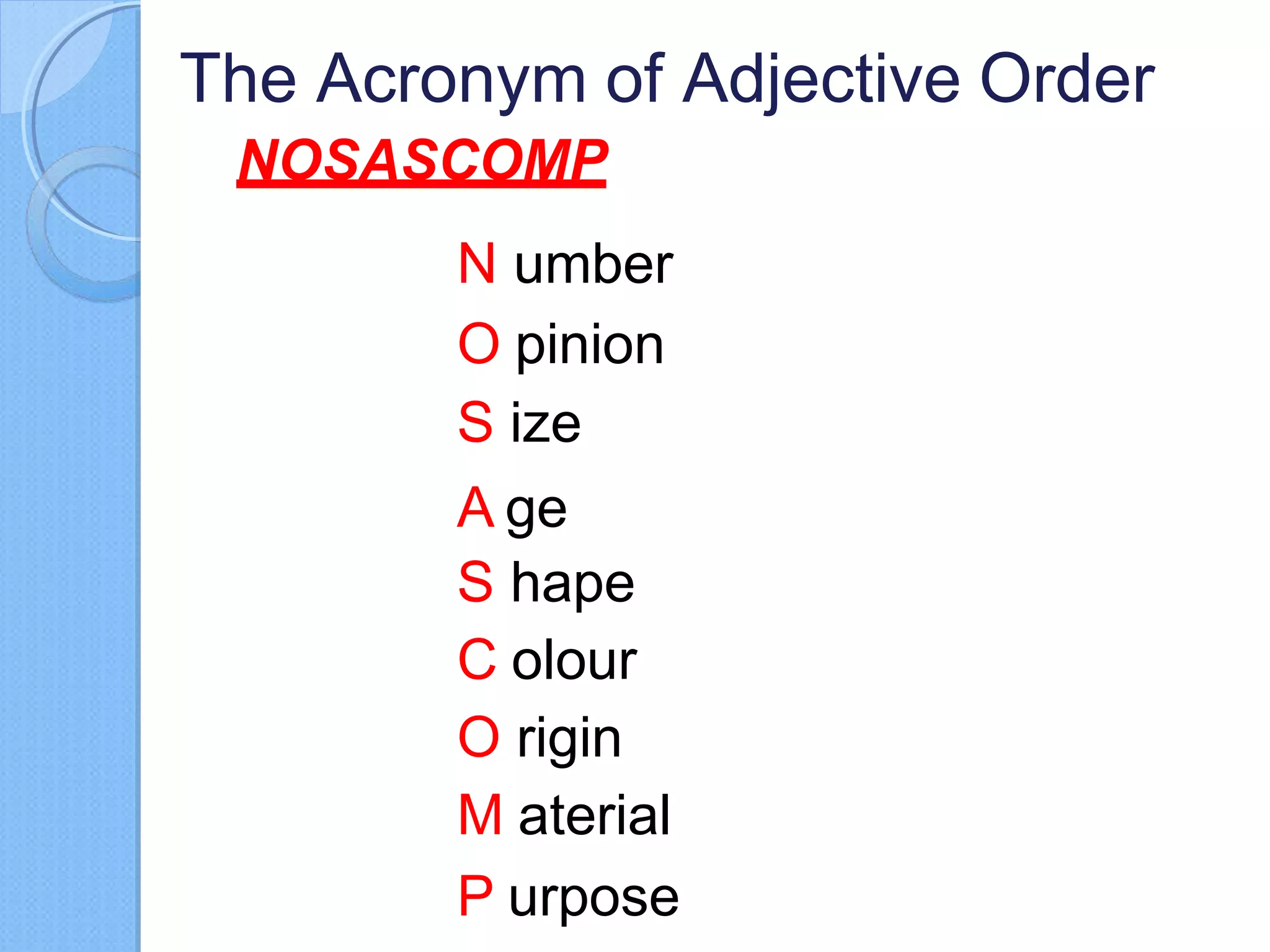 Nosascomp Order of adjectives | PPTX