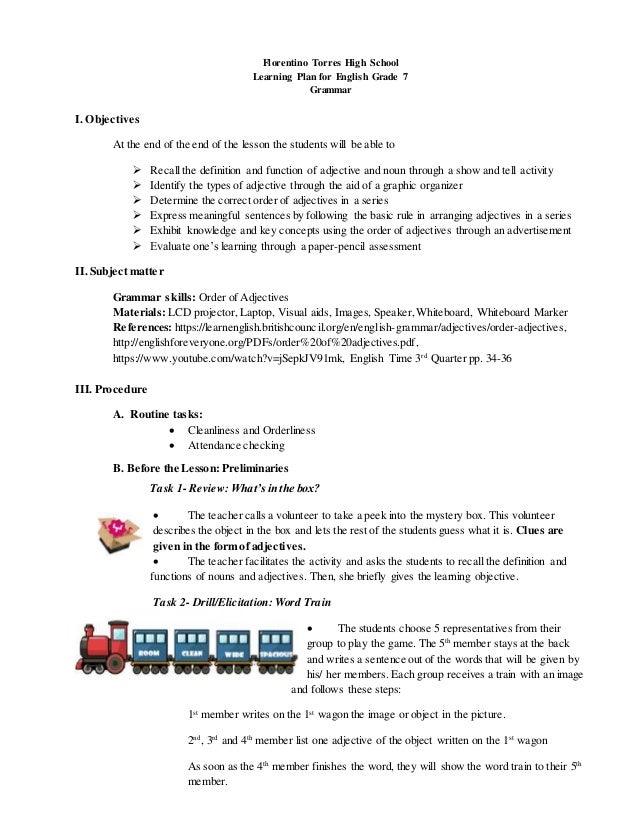 THE ORDER OF ADJECTIVES DEMONSTARTION PLAN