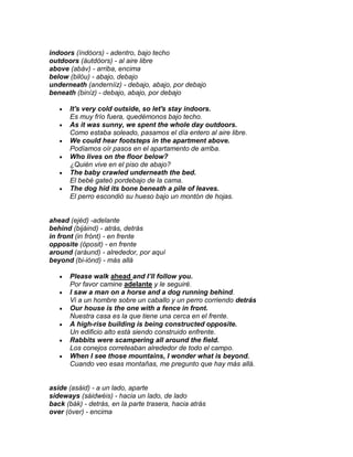 indoors (índóors) - adentro, bajo techo
outdoors (áutdóors) - al aire libre
above (abáv) - arriba, encima
below (bilóu) - abajo, debajo
underneath (anderníiz) - debajo, abajo, por debajo
beneath (biníz) - debajo, abajo, por debajo

       It's very cold outside, so let's stay indoors.
       Es muy frío fuera, quedémonos bajo techo.
       As it was sunny, we spent the whole day outdoors.
       Como estaba soleado, pasamos el día entero al aire libre.
       We could hear footsteps in the apartment above.
       Podíamos oír pasos en el apartamento de arriba.
       Who lives on the floor below?
       ¿Quién vive en el piso de abajo?
       The baby crawled underneath the bed.
       El bebé gateó pordebajo de la cama.
       The dog hid its bone beneath a pile of leaves.
       El perro escondió su hueso bajo un montón de hojas.


ahead (ejéd) -adelante
behind (bijáind) - atrás, detrás
in front (in frónt) - en frente
opposite (óposit) - en frente
around (aráund) - alrededor, por aquí
beyond (bi-iónd) - más allá

       Please walk ahead and I’ll follow you.
       Por favor camine adelante y le seguiré.
       I saw a man on a horse and a dog running behind.
       Vi a un hombre sobre un caballo y un perro corriendo detrás
       Our house is the one with a fence in front.
       Nuestra casa es la que tiene una cerca en el frente.
       A high-rise building is being constructed opposite.
       Un edificio alto está siendo construido enfrente.
       Rabbits were scampering all around the field.
       Los conejos correteaban alrededor de todo el campo.
       When I see those mountains, I wonder what is beyond.
       Cuando veo esas montañas, me pregunto que hay más allá.


aside (asáid) - a un lado, aparte
sideways (sáidwéis) - hacia un lado, de lado
back (bák) - detrás, en la parte trasera, hacia atrás
over (óver) - encima
 