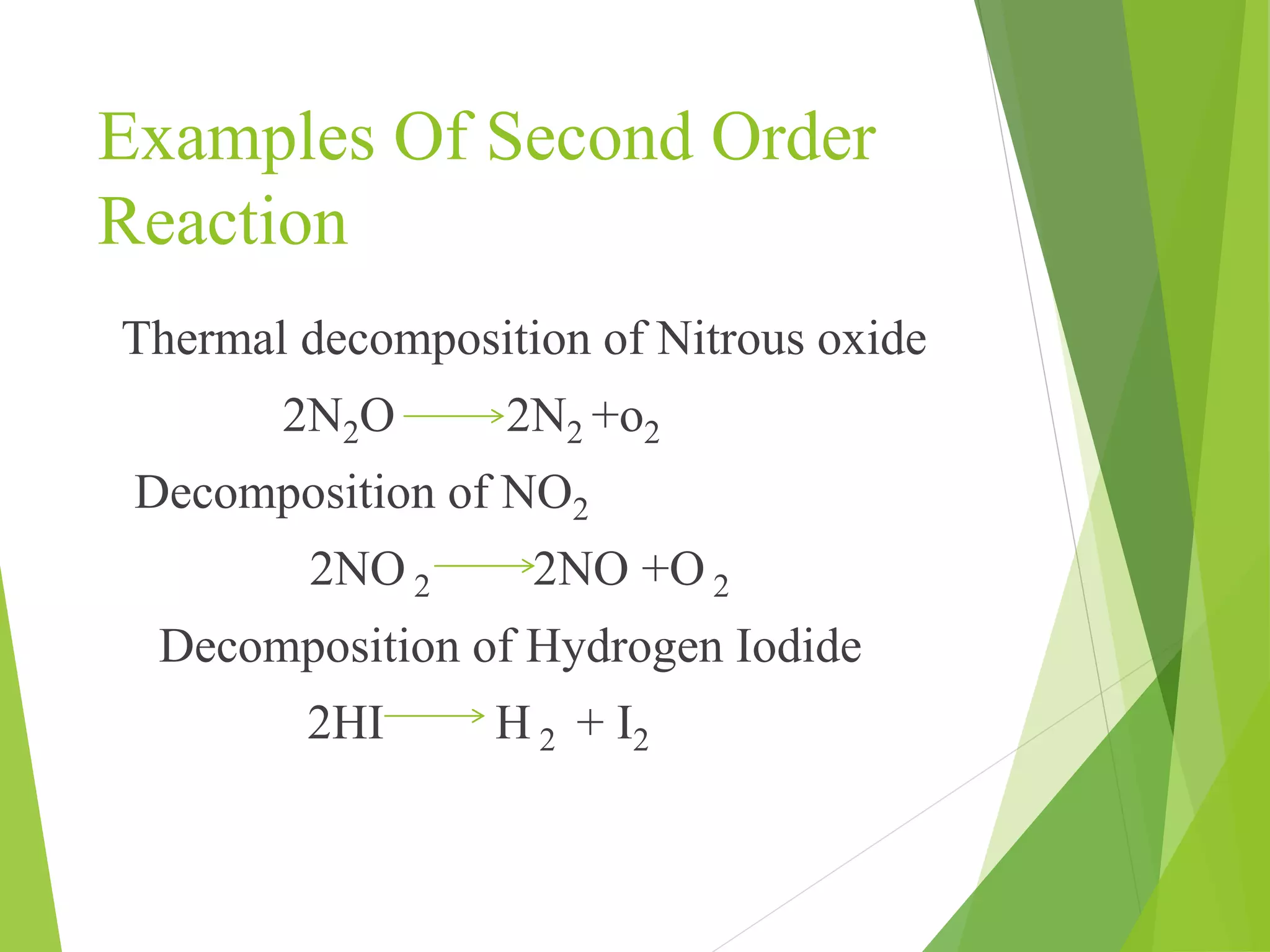 Examples Of Second Order
Reaction
Thermal decomposition of Nitrous oxide
2N2O 2N2 +o2
Decomposition of NO2
2NO 2 2NO +O 2
Decomposition of Hydrogen Iodide
2HI H 2 + I2
 