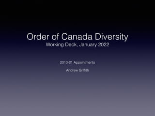 Order of Canada Diversity


Working Deck, January 2022
2013-21 Appointments


Andrew Grif
fi
th
 
