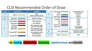 CLSI Recommended Order of Draw
• Be Loving, Respectful, Gracious, Lighthearted, and Gentle:
 