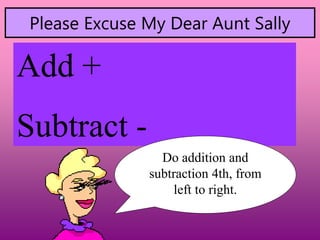Add +
Subtract -
Please Excuse My Dear Aunt Sally
Do addition and
subtraction 4th, from
left to right.
 