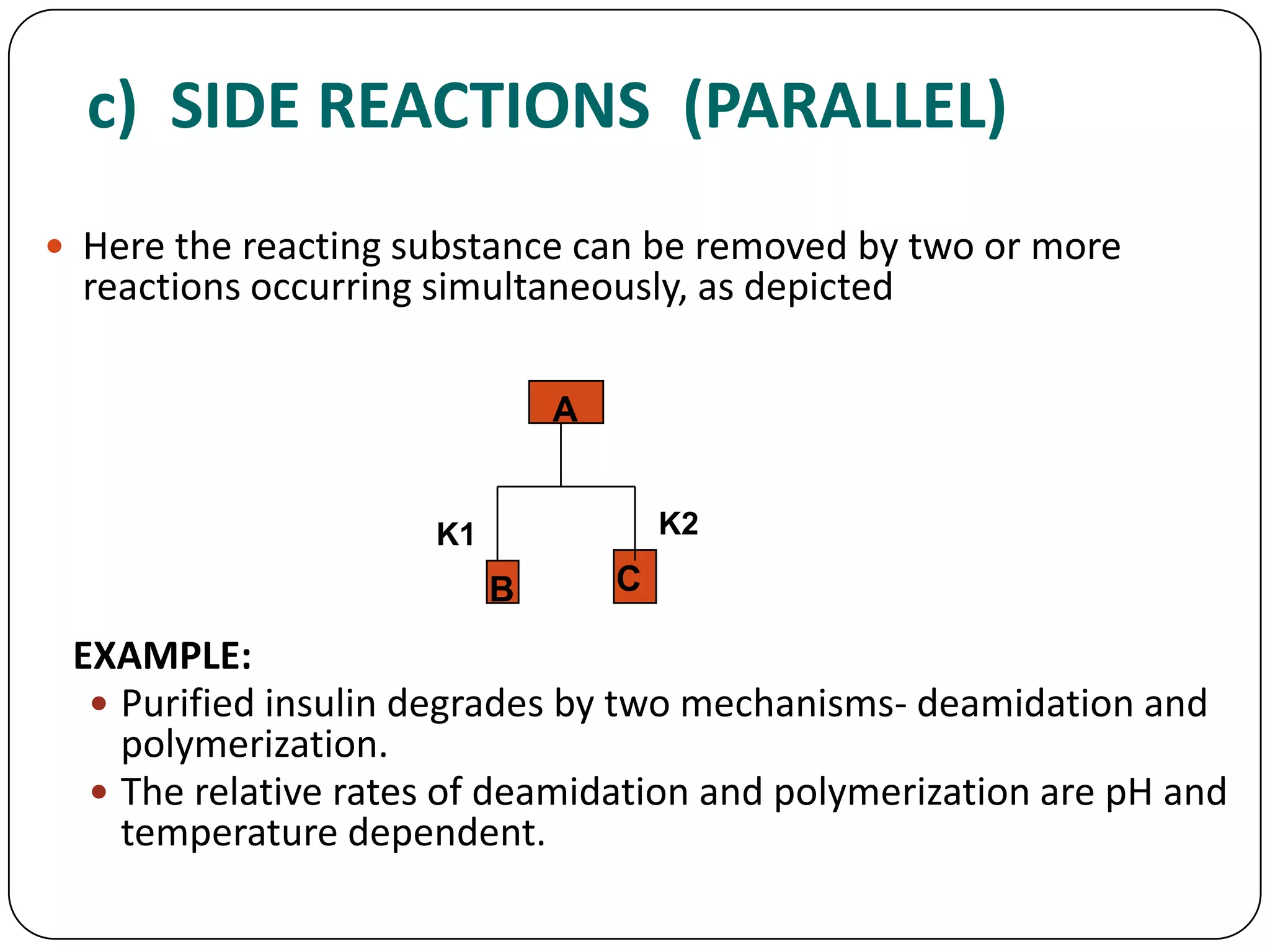 B
c) SIDE REACTIONS (PARALLEL)
 Here the reacting substance can be removed by two or more
reactions occurring simultaneously, as depicted
EXAMPLE:
 Purified insulin degrades by two mechanisms- deamidation and
polymerization.
 The relative rates of deamidation and polymerization are pH and
temperature dependent.
A
C
K1 K2
 