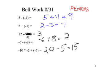Bell Work 8/31
5 ­ (­4) = 

2 + (­3) = 

12 ­ 3 * 3 = 

­6 ­ (­8) = 

­10 * ­2 + (­5) = 



                     1
 