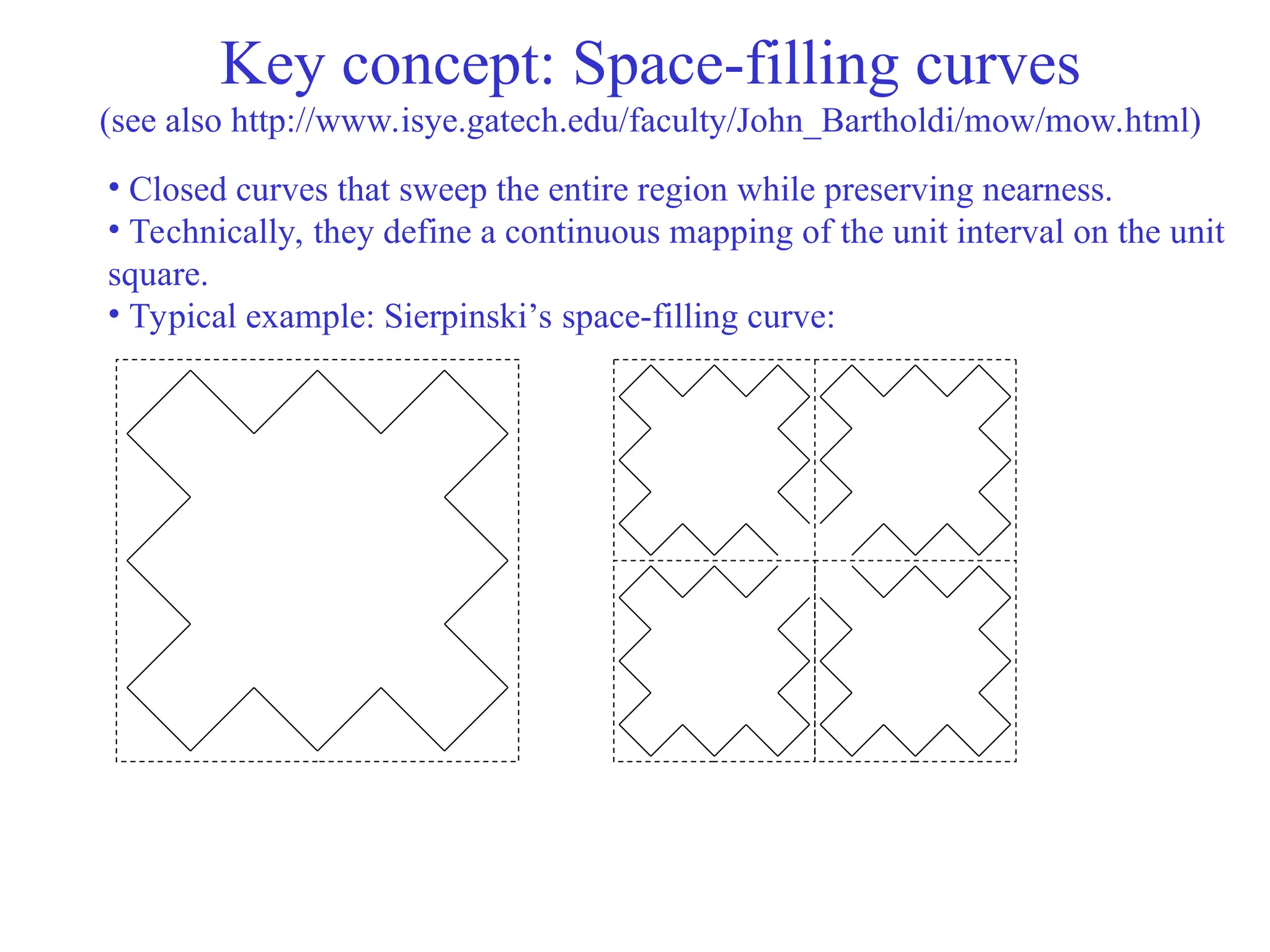 Key concept: Space-filling curves
(see also http://www.isye.gatech.edu/faculty/John_Bartholdi/mow/mow.html)
• Closed curves that sweep the entire region while preserving nearness.
• Technically, they define a continuous mapping of the unit interval on the unit
square.
• Typical example: Sierpinski’s space-filling curve:
 