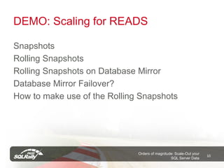 DEMO: Scaling for READS

Snapshots
Rolling Snapshots
Rolling Snapshots on Database Mirror
Database Mirror Failover?
How to make use of the Rolling Snapshots




                              Orders of magnitude: Scale-Out your
                                                                    10
                                                SQL Server Data
 