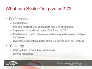 What can Scale-Out give us? #2

• Performance
  – Load balance
  – Mix and match (LOW consumers and BIG consumers)
  – Separation of workload types (OLAP and OLTP)
  – Parallelise a System (separate system requests across multiple
    hardware)
  – Overcome contentious parts of the DB server such as TempDB

• Capacity
  – Backup time (reduce time to backup)
  – Limited resources


                                          Orders of magnitude: Scale-Out your
                                                                                12
                                                            SQL Server Data
 