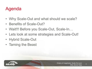 Agenda

•   Why Scale-Out and what should we scale?
•   Benefits of Scale-Out?
•   Wait!!! Before you Scale-Out, Scale-In…
•   Lets look at some strategies and Scale-Out!
•   Hybrid Scale-Out
•   Taming the Beast



                                 Orders of magnitude: Scale-Out your
                                                                       3
                                                   SQL Server Data
 