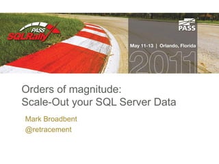 Orders of magnitude:
Scale-Out your SQL Server Data
Mark Broadbent
@retracement
 