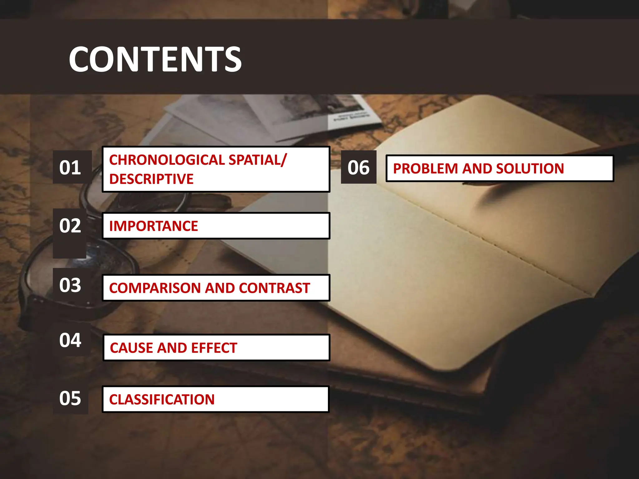 CONTENTS
CHRONOLOGICAL SPATIAL/
DESCRIPTIVE
01
IMPORTANCE
02
COMPARISON AND CONTRAST
03
CAUSE AND EFFECT
04
05 CLASSIFICATION
06 PROBLEM AND SOLUTION
 