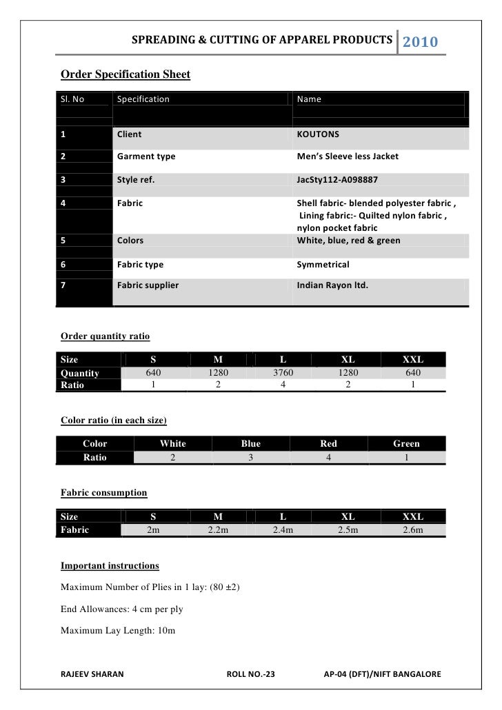 order specification sheet order sheet