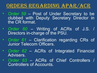 ORDERS REGARDING APAR/ACR
• Order 59 – Post of Under Secretary to be
clubbed with Deputy Secretary Director in
the CR format.
• Order 60 – Writing of ACRs of J.S. /
Directors in-charge of the PSU.
• Order 61 – Clarification regarding CRs of
Junior Telecom Officers.
• Order 62 – ACRs of Integrated Financial
Advisers.
• Order 63 – ACRs of Chief Controllers /
Controllers of Accounts.
 