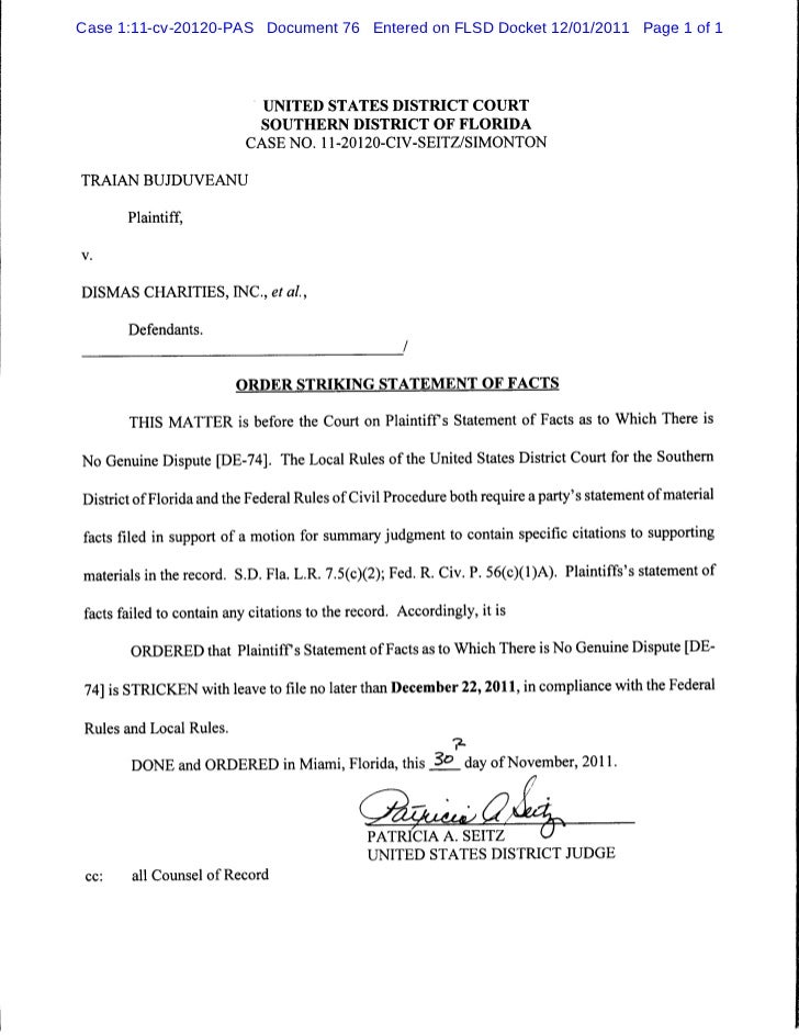 Order striking statement of facts