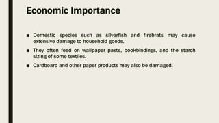 Economic Importance
■ Domestic species such as silverfish and firebrats may cause
extensive damage to household goods.
■ They often feed on wallpaper paste, bookbindings, and the starch
sizing of some textiles.
■ Cardboard and other paper products may also be damaged.
 