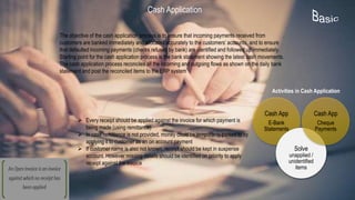 The objective of the cash application process is to ensure that incoming payments received from
customers are banked immediately and allocated accurately to the customers’ accounts, and to ensure
that defaulted incoming payments (checks refused by bank) are identified and followed up immediately.
Starting point for the cash application process is the bank statement showing the latest cash movements.
The cash application process reconciles all the incoming and outgoing flows as shown on the daily bank
statement and post the reconciled items to the ERP system
Cash Application
Cash App
E-Bank
Statements
Solve
unapplied /
unidentified
items
Cash App
Cheque
Payments
Activities in Cash Application
 Every receipt should be applied against the invoice for which payment is
being made (using remittance)
 In case remittance is not provided, money could be temporarily parked to by
applying it to customer as an on account payment
 If customer name is also not known, receipt should be kept in suspense
account. However missing details should be identified on priority to apply
receipt against the invoice
 