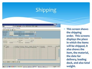 Shipping


           This screen shows
           the shipping
           order. This screens
           displays the place
           in which the items
           will be shipped, it
           also shows the
           item, the material,
           the date for
           delivery, loading
           dock, and also total
           weight.
 