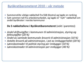 Byråkratibarometeret 2010 – vår metode

   Sammenstilte viktige nøkkeltall fra SSB (Kostra) og lagde en ranking
   Satt sammen tall fra arbeidsmarkedet, og lagde et ”nytt” nøkkeltall om
    andel byråkrater i norske kommuner

    De 5 nøkkeltallene i Byråkratibarometeret (vekt i parentes):

 Andel driftsutgifter i kommunen til administrasjon, styring og
  fellesutgifter (20 %)
 Andel av samlede kommunale årsverk til administrasjon (10 %)
 Avtalte årsverk på administrasjon, i pst av innbyggertallet (20 %)
 Lønnskostnader til politisk styring per innbygger (10 %)
 Lønnskostnader til administrasjon per innbygger (40 %)
 