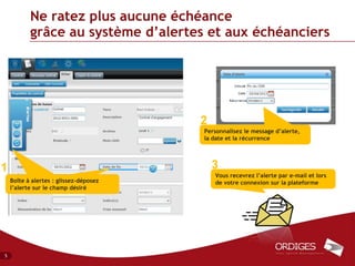 Ne ratez plus aucune échéance
           grâce au système d’alertes et aux échéanciers




                                         2
                                         Personnalisez le message d’alerte,
                                         la date et la récurrence




1                                            3
                                             Vous recevrez l’alerte par e-mail et lors
    Boîte ààalertes : :glissez-déposez
     Boîte alertes glissez-déposez           de votre connexion sur la plateforme
    l’alerte sur le champ désiré
     l’alerte sur le champ désiré




5
 