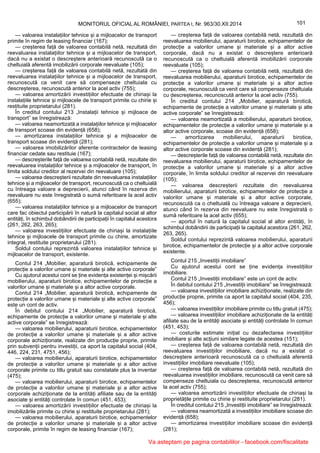 101MONITORUL OFICIAL AL ROMÂNIEI, PARTEA I, Nr. 963/30.XII.2014
— valoarea instalațiilor tehnice și a mijloacelor de transport
primite în regim de leasing financiar (167);
— creșterea față de valoarea contabilă netă, rezultată din
reevaluarea instalațiilor tehnice și a mijloacelor de transport,
dacă nu a existat o descreștere anterioară recunoscută ca o
cheltuială aferentă imobilizării corporale reevaluate (105);
— creșterea față de valoarea contabilă netă, rezultată din
reevaluarea instalațiilor tehnice și a mijloacelor de transport,
recunoscută ca venit care să compenseze cheltuiala cu
descreșterea, recunoscută anterior la acel activ (755);
— valoarea amortizării investițiilor efectuate de chiriași la
instalațiile tehnice și mijloacele de transport primite cu chirie și
restituite proprietarului (281).
În creditul contului 213 „Instalații tehnice și mijloace de
transport” se înregistrează:
— valoarea neamortizată a instalațiilor tehnice și mijloacelor
de transport scoase din evidență (658);
— amortizarea instalațiilor tehnice și a mijloacelor de
transport scoase din evidență (281);
— valoarea imobilizărilor aferente contractelor de leasing
financiar cedate sau restituie (167);
— descreșterile față de valoarea contabilă netă, rezultate din
reevaluarea instalațiilor tehnice și a mijloacelor de transport, în
limita soldului creditor al rezervei din reevaluare (105);
— valoarea descreșterii rezultate din reevaluarea instalațiilor
tehnice și a mijloacelor de transport, recunoscută ca o cheltuială
cu întreaga valoare a deprecierii, atunci când în rezerva din
reevaluare nu este înregistrată o sumă referitoare la acel activ
(655);
— valoarea instalațiilor tehnice și a mijloacelor de transport
care fac obiectul participării în natură la capitalul social al altor
entități, în schimbul dobândirii de participații în capitalul acestora
(261, 262, 263, 265);
— valoarea investițiilor efectuate de chiriași la instalațiile
tehnice și mijloacele de transport primite cu chirie, amortizate
integral, restituite proprietarului (281).
Soldul contului reprezintă valoarea instalațiilor tehnice și
mijloacelor de transport, existente.
Contul 214 „Mobilier, aparatură birotică, echipamente de
protecție a valorilor umane și materiale și alte active corporale”
Cu ajutorul acestui cont se ține evidența existenței și mișcării
mobilierului, aparaturii birotice, echipamentelor de protecție a
valorilor umane și materiale și a altor active corporale.
Contul 214 „Mobilier, aparatură birotică, echipamente de
protecție a valorilor umane și materiale și alte active corporale”
este un cont de activ.
În debitul contului 214 „Mobilier, aparatură birotică,
echipamente de protecție a valorilor umane și materiale și alte
active corporale” se înregistrează:
— valoarea mobilierului, aparaturii birotice, echipamentelor
de protecție a valorilor umane și materiale și a altor active
corporale achiziționate, realizate din producție proprie, primite
prin subvenții pentru investiții, ca aport la capitalul social (404,
446, 224, 231, 4751, 456);
— valoarea mobilierului, aparaturii birotice, echipamentelor
de protecție a valorilor umane și materiale și a altor active
corporale primite cu titlu gratuit sau constatate plus la inventar
(475);
— valoarea mobilierului, aparaturii birotice, echipamentelor
de protecție a valorilor umane și materiale și a altor active
corporale achiziționate de la entități afiliate sau de la entități
asociate și entități controlate în comun (451, 453);
— valoarea amortizării investițiilor efectuate de chiriași la
imobilizările primite cu chirie și restituite proprietarului (281);
— valoarea mobilierului, aparaturii birotice, echipamentelor
de protecție a valorilor umane și materiale și a altor active
corporale, primite în regim de leasing financiar (167);
— creșterea față de valoarea contabilă netă, rezultată din
reevaluarea mobilierului, aparaturii birotice, echipamentelor de
protecție a valorilor umane și materiale și a altor active
corporale, dacă nu a existat o descreștere anterioară
recunoscută ca o cheltuială aferentă imobilizării corporale
reevaluate (105);
— creșterea față de valoarea contabilă netă, rezultată din
reevaluarea mobilierului, aparaturii birotice, echipamentelor de
protecție a valorilor umane și materiale și a altor active
corporale, recunoscută ca venit care să compenseze cheltuiala
cu descreșterea, recunoscută anterior la acel activ (755).
În creditul contului 214 „Mobilier, aparatură birotică,
echipamente de protecție a valorilor umane și materiale și alte
active corporale” se înregistrează:
— valoarea neamortizată a mobilierului, aparaturii birotice,
echipamentelor de protecție a valorilor umane și materiale și a
altor active corporale, scoase din evidență (658);
— amortizarea mobilierului, aparaturii birotice,
echipamentelor de protecție a valorilor umane și materiale și a
altor active corporale scoase din evidență (281);
— descreșterile față de valoarea contabilă netă, rezultate din
reevaluarea mobilierului, aparaturii birotice, echipamentelor de
protecție a valorilor umane și materiale și a altor active
corporale, în limita soldului creditor al rezervei din reevaluare
(105);
— valoarea descreșterii rezultate din reevaluarea
mobilierului, aparaturii birotice, echipamentelor de protecție a
valorilor umane și materiale și a altor active corporale,
recunoscută ca o cheltuială cu întreaga valoare a deprecierii,
atunci când în rezerva din reevaluare nu este înregistrată o
sumă referitoare la acel activ (655);
— aportul în natură la capitalul social al altor entități, în
schimbul dobândirii de participații la capitalul acestora (261, 262,
263, 265).
Soldul contului reprezintă valoarea mobilierului, aparaturii
birotice, echipamentelor de protecție și a altor active corporale
existente.
Contul 215 „Investiții imobiliare”
Cu ajutorul acestui cont se ține evidența investițiilor
imobiliare.
Contul 215 „Investiții imobiliare” este un cont de activ.
În debitul contului 215 „Investiții imobiliare” se înregistrează:
— valoarea investițiilor imobiliare achiziționate, realizate din
producție proprie, primite ca aport la capitalul social (404, 235,
456);
— valoarea investițiilor imobiliare primite cu titlu gratuit (475);
— valoarea investițiilor imobiliare achiziționate de la entități
afiliate sau de la entități asociate și entități controlate în comun
(451, 453);
— costurile estimate inițial cu dezafectarea investițiilor
imobiliare și alte acțiuni similare legate de acestea (151);
— creșterea față de valoarea contabilă netă, rezultată din
reevaluarea investițiilor imobiliare, dacă nu a existat o
descreștere anterioară recunoscută ca o cheltuială aferentă
investițiilor imobiliare reevaluate (105);
— creșterea față de valoarea contabilă netă, rezultată din
reevaluarea investițiilor imobiliare, recunoscută ca venit care să
compenseze cheltuiala cu descreșterea, recunoscută anterior
la acel activ (755);
— valoarea amortizării investițiilor efectuate de chiriași la
proprietățile primite cu chirie și restituite proprietarului (281).
În creditul contului 215 „Investiții imobiliare” se înregistrează:
— valoarea neamortizată a investițiilor imobiliare scoase din
evidență (658);
— amortizarea investițiilor imobiliare scoase din evidență
(281);
Va asteptam pe pagina contabililor - facebook.com/fiscalitate
 