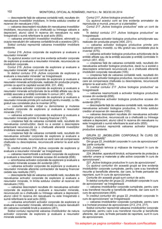 102 MONITORUL OFICIAL AL ROMÂNIEI, PARTEA I, Nr. 963/30.XII.2014
— descreșterile față de valoarea contabilă netă, rezultate din
reevaluarea investițiilor imobiliare, în limita soldului creditor al
rezervei din reevaluare (105);
— valoarea descreșterii rezultate din reevaluarea investițiilor
imobiliare, recunoscută ca o cheltuială cu întreaga valoare a
deprecierii, atunci când în rezerva din reevaluare nu este
înregistrată o sumă referitoare la acel activ (655);
— valoarea amortizării investițiilor imobiliare, eliminată cu
ocazia reevaluării din valoarea contabilă brută a acestora (281).
Soldul contului reprezintă valoarea investițiilor imobiliare
existente.
Contul 216 „Active corporale de explorare și evaluare a
resurselor minerale”
Cu ajutorul acestui cont se ține evidența activelor corporale
de explorare și evaluare a resurselor minerale, recunoscute ca
imobilizări corporale.
Contul 216 „Active corporale de explorare și evaluare a
resurselor minerale” este un cont de activ.
În debitul contului 216 „Active corporale de explorare și
evaluare a resurselor minerale” se înregistrează:
— valoarea activelor corporale de explorare și evaluare a
resurselor minerale achiziționate, realizate din producție proprie,
primite ca aport la capitalul social (404, 231, 456);
— valoarea activelor corporale de explorare și evaluare a
resurselor minerale achiziționate de la entități afiliate sau de la
entități asociate și entități controlate în comun (451, 453);
— valoarea activelor corporale de explorare și evaluare a
resurselor minerale primite prin subvenții pentru investiții, cu titlu
gratuit sau constatate plus la inventar (475);
— costurile estimate inițial cu demontarea și mutarea
activelor corporale de explorare și evaluare a resurselor
minerale (151);
— valoarea activelor corporale de explorare și evaluare a
resurselor minerale primite în leasing financiar (167);
— creșterea față de valoarea contabilă netă, rezultată din
reevaluarea construcțiilor, dacă nu a existat o descreștere
anterioară recunoscută ca o cheltuială aferentă investițiilor
imobiliare reevaluate (105);
— creșterea față de valoarea contabilă netă, rezultată din
reevaluarea activelor corporale de explorare și evaluare a
resurselor minerale, recunoscută ca venit care să compenseze
cheltuiala cu descreșterea, recunoscută anterior la acel activ
(755).
În creditul contului 216 „Active corporale de explorare și
evaluare a resurselor minerale” se înregistrează:
— valoarea neamortizată a activelor corporale de explorare
și evaluare a resurselor minerale scoase din evidență (658);
— amortizarea activelor corporale de explorare și evaluare a
resurselor minerale scoase din evidență (281);
— valoarea activelor corporale de explorare și evaluare a
resurselor minerale aferente contractelor de leasing financiar
cedate sau restituite (167);
— descreșterile față de valoarea contabilă netă, rezultate din
reevaluarea activelor corporale de explorare și evaluare a
resurselor minerale, în limita soldului creditor al rezervei din
reevaluare (105);
— valoarea descreșterii rezultate din reevaluarea activelor
corporale de explorare și evaluare a resurselor minerale,
recunoscută ca o cheltuială cu întreaga valoare a deprecierii,
atunci când în rezerva din reevaluare nu este înregistrată o
sumă referitoare la acel activ (655);
— valoarea amortizării activelor corporale de explorare și
evaluare a resurselor minerale, eliminată cu ocazia reevaluării
din valoarea contabilă brută a acestora (281).
Soldul contului reprezintă valoarea imobilizărilor de natura
activelor corporale de explorare și evaluare a resurselor
minerale existente.
Contul 217 „Active biologice productive”
Cu ajutorul acestui cont se ține evidența animalelor de
reproducție și muncă, precum și a plantațiilor.
Contul 217 „Active biologice productive” este un cont de
activ.
În debitul contului 217 „Active biologice productive” se
înregistrează:
— valoarea activelor biologice productive achiziționate sau
realizate din producție proprie (404, 231);
— valoarea activelor biologice productive primite prin
subvenții pentru investiții, cu titlu gratuit sau constatate plus la
inventar (475);
— valoarea activelor biologice productive achiziționate de la
entități afiliate sau de la entități asociate și entități controlate în
comun (451, 453);
— creșterea față de valoarea contabilă netă, rezultată din
reevaluarea activelor biologice productive, dacă nu a existat o
descreștere anterioară recunoscută ca o cheltuială aferentă
imobilizării corporale reevaluate (105);
— creșterea față de valoarea contabilă netă, rezultată din
reevaluarea activelor biologice productive, recunoscută ca venit
care să compenseze cheltuiala cu descreșterea, recunoscută
anterior la acel activ (755).
În creditul contului 217 „Active biologice productive” se
înregistrează:
— valoarea neamortizată a activelor biologice productive
scoase din evidență (658);
— amortizarea activelor biologice productive scoase din
evidență (281);
— descreșterile față de valoarea contabilă netă, rezultate din
reevaluarea activelor biologice productive, în limita soldului
creditor al rezervei din reevaluare (105);
— valoarea descreșterii rezultate din reevaluarea activelor
biologice productive, recunoscută ca o cheltuială cu întreaga
valoare a deprecierii, atunci când în rezerva din reevaluare nu
este înregistrată o sumă referitoare la acel activ (655).
Soldul contului reprezintă valoarea activelor biologice
productive existente.
GRUPA 22 „IMOBILIZĂRI CORPORALE ÎN CURS DE
APROVIZIONARE”
Din grupa 22 „Imobilizări corporale în curs de aprovizionare”
fac parte conturile:
223 „Instalații tehnice și mijloace de transport în curs de
aprovizionare”;
224 „Mobilier, aparatură birotică, echipamente de protecție a
valorilor umane și materiale și alte active corporale în curs de
aprovizionare”;
227 „Active biologice productive în curs de aprovizionare”.
Cu ajutorul conturilor din această grupă se ține evidența
imobilizărilor corporale cumpărate, pentru care s-au transferat
riscurile și beneficiile aferente, dar care, la finele perioadei de
raportare, sunt în curs de aprovizionare.
Conturile din această grupă sunt conturi de activ.
În debitul conturilor din grupa 22 „Imobilizări corporale în curs
de aprovizionare” se înregistrează:
— valoarea imobilizărilor corporale cumpărate, pentru care
s-au transferat riscurile și beneficiile aferente, dar care sunt în
curs de aprovizionare (404).
În creditul conturilor din grupa 22 „Imobilizări corporale în
curs de aprovizionare” se înregistrează:
— valoarea imobilizărilor corporale cumpărate, pentru care
s-a încheiat procesul de aprovizionare (213, 214, 217).
Soldul conturilor reprezintă valoarea imobilizărilor corporale
cumpărate, pentru care s-au transferat riscurile și beneficiile
aferente, dar care, la finele perioadei de raportare, sunt în curs
de aprovizionare.
Va asteptam pe pagina contabililor - facebook.com/fiscalitate
 