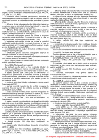 104 MONITORUL OFICIAL AL ROMÂNIEI, PARTEA I, Nr. 963/30.XII.2014
— valoarea participațiilor dobândite prin aport, potrivit legii, la
capitalul social al entităților controlate în comun (205, 208, 211,
212, 213, 214, 371, 411);
— diferența dintre valoarea participațiilor dobândite și
valoarea neamortizată a imobilizărilor care au constituit obiectul
participării în natură la capitalul entităților controlate în comun
(768);
— diferența dintre valoarea acțiunilor dobândite și valoarea
creanțelor care au constituit obiectul participării în natură la
capitalul entităților controlate în comun (768);
— diferența dintre valoarea acțiunilor dobândite și valoarea
mărfurilor care au constituit obiectul participării în natură la
capitalul entităților controlate în comun (758);
— valoarea participațiilor primite ca urmare a majorării
capitalului social al entităților controlate în comun la care se
dețin participații, prin încorporarea rezervelor (106);
— valoarea participațiilor primite ca urmare a majorării
capitalului social al entităților controlate în comun la care se
dețin participații, prin încorporarea beneficiilor, precum și cele
primite fără plată, potrivit legii (768).
În creditul contului 263 „Acțiuni deținute la entități controlate
în comun” se înregistrează:
— cheltuielile privind valoarea participațiilor deținute la
entitățile controlate în comun, cedate (664);
— costul de achiziție al participațiilor evaluate la consolidare
prin metoda punerii în echivalență (264).
Soldul contului reprezintă imobilizările financiare deținute la
entități controlate în comun.
Contul 264 „Titluri puse în echivalență”
Cu ajutorul acestui cont se ține evidența titlurilor de
participare consolidate prin metoda punerii în echivalență.
Contul 264 „Titluri puse în echivalență” este un cont de activ.
În debitul contului 264 „Titluri puse în echivalență” se
înregistrează participațiile în entitățile asociate și entitățile
controlate în comun, prezentate în situațiile financiare anuale
consolidate la valoarea determinată prin metoda punerii în
echivalență, astfel:
— costul de achiziție al titlurilor evaluate prin metoda punerii
în echivalență (263);
— partea cuvenită investitorului din profitul înregistrat în
exercițiul financiar curent de entitățile asociate și entitățile
controlate în comun (768);
— partea cuvenită investitorului din rezervele înregistrate de
entitățile asociate și entitățile controlate în comun, cu ocazia
consolidării prin metoda punerii în echivalență (106).
În creditul contului 264 „Titluri puse în echivalență” se
înregistrează:
— partea cuvenită investitorului din pierderea înregistrată în
exercițiul curent de entitățile asociate și entitățile controlate în
comun, cu ocazia consolidării prin metoda punerii în echivalență
a participațiilor deținute de investitor în aceste entități (668).
Contul 265 „Alte titluri imobilizate”
Cu ajutorul acestui cont se ține evidența altor titluri de valoare
deținute pe o perioadă îndelungată, în capitalul social al
entităților, altele decât entitățile afiliate, entitățile asociate și
entitățile controlate în comun.
Contul 265 „Alte titluri imobilizate” este un cont de activ.
În debitul contului 265 „Alte titluri imobilizate” se
înregistrează:
— valoarea altor titluri imobilizate dobândite prin achiziție
(512, 531, 269);
— valoarea altor titluri imobilizate dobândite prin aport,
potrivit legii, la capitalul social al altor entități (205, 208, 211,
212, 213, 214, 371, 411);
— diferența dintre valoarea altor titluri imobilizate dobândite
și valoarea neamortizată a imobilizărilor care au constituit
obiectul participării în natură la capitalul altor entități (768);
— diferența dintre valoarea acțiunilor dobândite și valoarea
creanțelor care au constituit obiectul participării în natură la
capitalul entităților afiliate (768);
— diferența dintre valoarea acțiunilor dobândite și valoarea
mărfurilor care au constituit obiectul participării în natură la
capitalul entităților afiliate (758);
— valoarea altor titluri imobilizate primite ca urmare a
majorării capitalului social al altor entități la care se dețin
participații, prin încorporarea rezervelor (106);
— valoarea altor titluri imobilizate primite ca urmare a
majorării capitalului social al altor entități la care se dețin
participații, prin încorporarea beneficiilor, precum și cele primite
fără plată, potrivit legii (768).
În creditul contului 265 „Alte titluri imobilizate” se
înregistrează:
— cheltuielile privind valoarea altor titluri imobilizate deținute
în capitalul social al altor entități la care se dețin participații,
cedate (664).
Soldul contului reprezintă alte titluri imobilizate existente.
Contul 266 „Certificate verzi amânate”
Cu ajutorul acestui cont se ține evidența certificatelor verzi a
căror tranzacționare este amânată, potrivit legii.
Contul 266 „Certificate verzi amânate” este un cont de activ.
În debitul contului 266 „Certificate verzi amânate” se
înregistrează:
— valoarea certificatelor verzi pentru care se constată
dreptul de a le primi, dar a căror tranzacționare este amânată,
potrivit legii (472).
În creditul contului 266 „Certificate verzi amânate” se
înregistrează:
— valoarea certificatelor verzi primite admise la
tranzacționare (507).
Soldul contului reprezintă valoarea certificatelor verzi a căror
tranzacționare este amânată, potrivit legii.
Contul 267 „Creanțe imobilizate”
Cu ajutorul acestui cont se ține evidența creanțelor
imobilizate sub forma împrumuturilor acordate pe termen lung
altor entități, a altor creanțe imobilizate, cum sunt depozite,
garanții și cauțiuni depuse de entitate la terți, precum și a
obligațiunilor achiziționate cu ocazia emisiunilor de obligațiuni
efectuate de terți, care urmează a fi deținute pe o perioadă mai
mare de un an.
Contul 267 „Creanțe imobilizate” este un cont de activ.
În debitul contului 267 „Creanțe imobilizate” se înregistrează:
— sume plătite reprezentând valoarea împrumuturilor
acordate altor entități (512);
— dobânzile aferente creanțelor imobilizate (766);
— valoarea garanțiilor depuse la terți (411);
— sume plătite sau de plătit, reprezentând valoarea
obligațiunilor achiziționate cu ocazia emisiunilor de obligațiuni
efectuate de terți, care urmează a fi deținute pe o perioadă mai
mare de un an (512, 462);
— diferențele favorabile de curs valutar, aferente
împrumuturilor acordate în valută și depozitelor constituite în
valută, rezultate din evaluarea acestora la finele lunii, respectiv
la închiderea exercițiului financiar (765);
— diferențele favorabile aferente creanțelor exprimate în lei,
a căror decontare se face în funcție de cursul unei valute,
rezultate din evaluarea acestora la finele lunii, respectiv la
închiderea exercițiului financiar (768).
În creditul contului 267 „Creanțe imobilizate” se înregistrează:
— valoarea împrumuturilor restituite de terți (512);
— dobânzile încasate, aferente creanțelor imobilizate (512);
Va asteptam pe pagina contabililor - facebook.com/fiscalitate
 