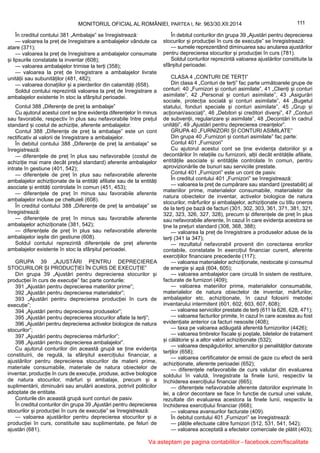 111MONITORUL OFICIAL AL ROMÂNIEI, PARTEA I, Nr. 963/30.XII.2014
În creditul contului 381 „Ambalaje” se înregistrează:
— valoarea la preț de înregistrare a ambalajelor vândute ca
atare (371);
— valoarea la preț de înregistrare a ambalajelor consumate
și lipsurile constatate la inventar (608);
— valoarea ambalajelor trimise la terți (358);
— valoarea la preț de înregistrare a ambalajelor livrate
unității sau subunităților (481, 482);
— valoarea donațiilor și a pierderilor din calamități (658).
Soldul contului reprezintă valoarea la preț de înregistrare a
ambalajelor existente în stoc la sfârșitul perioadei.
Contul 388 „Diferențe de preț la ambalaje”
Cu ajutorul acestui cont se ține evidența diferențelor în minus
sau favorabile, respectiv în plus sau nefavorabile între prețul
standard și costul de achiziție, aferente ambalajelor.
Contul 388 „Diferențe de preț la ambalaje” este un cont
rectificativ al valorii de înregistrare a ambalajelor.
În debitul contului 388 „Diferențe de preț la ambalaje” se
înregistrează:
— diferențele de preț în plus sau nefavorabile (costul de
achiziție mai mare decât prețul standard) aferente ambalajelor
intrate în gestiune (401, 542);
— diferențele de preț în plus sau nefavorabile aferente
ambalajelor achiziționate de la entități afiliate sau de la entități
asociate și entități controlate în comun (451, 453);
— diferențele de preț în minus sau favorabile aferente
ambalajelor incluse pe cheltuieli (608).
În creditul contului 388 „Diferențe de preț la ambalaje” se
înregistrează:
— diferențele de preț în minus sau favorabile aferente
ambalajelor achiziționate (381, 542);
— diferențele de preț în plus sau nefavorabile aferente
ambalajelor ieșite din gestiune (608).
Soldul contului reprezintă diferențele de preț aferente
ambalajelor existente în stoc la sfârșitul perioadei.
GRUPA 39 „AJUSTĂRI PENTRU DEPRECIEREA
STOCURILOR ȘI PRODUCȚIEI ÎN CURS DE EXECUȚIE”
Din grupa 39 „Ajustări pentru deprecierea stocurilor și
producției în curs de execuție” fac parte conturile:
391 „Ajustări pentru deprecierea materiilor prime”;
392 „Ajustări pentru deprecierea materialelor”;
393 „Ajustări pentru deprecierea producției în curs de
execuție”;
394 „Ajustări pentru deprecierea produselor”;
395 „Ajustări pentru deprecierea stocurilor aflate la terți”;
396 „Ajustări pentru deprecierea activelor biologice de natura
stocurilor”;
397 „Ajustări pentru deprecierea mărfurilor”;
398 „Ajustări pentru deprecierea ambalajelor”.
Cu ajutorul conturilor din această grupă se ține evidența
constituirii, de regulă, la sfârșitul exercițiului financiar, a
ajustărilor pentru deprecierea stocurilor de materii prime,
materiale consumabile, materiale de natura obiectelor de
inventar, producție în curs de execuție, produse, active biologice
de natura stocurilor, mărfuri și ambalaje, precum și a
suplimentării, diminuării sau anulării acestora, potrivit politicilor
adoptate de entitate.
Conturile din această grupă sunt conturi de pasiv.
În creditul conturilor din grupa 39 „Ajustări pentru deprecierea
stocurilor și producției în curs de execuție” se înregistrează:
— valoarea ajustărilor pentru deprecierea stocurilor și a
producției în curs, constituite sau suplimentate, pe feluri de
ajustări (681).
În debitul conturilor din grupa 39 „Ajustări pentru deprecierea
stocurilor și producției în curs de execuție” se înregistrează:
— sumele reprezentând diminuarea sau anularea ajustărilor
pentru deprecierea stocurilor și producției în curs (781).
Soldul conturilor reprezintă valoarea ajustărilor constituite la
sfârșitul perioadei.
CLASA 4 „CONTURI DE TERȚI”
Din clasa 4 „Conturi de terți” fac parte următoarele grupe de
conturi: 40 „Furnizori și conturi asimilate”, 41 „Clienți și conturi
asimilate”, 42 „Personal și conturi asimilate”, 43 „Asigurări
sociale, protecția socială și conturi asimilate”, 44 „Bugetul
statului, fonduri speciale și conturi asimilate”, 45 „Grup și
acționari/asociați”, 46 „Debitori și creditori diverși”, 47 „Conturi
de subvenții, regularizare și asimilate”, 48 „Decontări în cadrul
unității”, 49 „Ajustări pentru deprecierea creanțelor”.
GRUPA 40 „FURNIZORI ȘI CONTURI ASIMILATE”
Din grupa 40 „Furnizori și conturi asimilate” fac parte:
Contul 401 „Furnizori”
Cu ajutorul acestui cont se ține evidența datoriilor și a
decontărilor în relațiile cu furnizorii, alții decât entitățile afiliate,
entitățile asociate și entitățile controlate în comun, pentru
aprovizionările de bunuri sau serviciile prestate.
Contul 401 „Furnizori” este un cont de pasiv.
În creditul contului 401 „Furnizori” se înregistrează:
— valoarea la preț de cumpărare sau standard (prestabilit) al
materiilor prime, materialelor consumabile, materialelor de
natura obiectelor de inventar, activelor biologice de natura
stocurilor, mărfurilor și ambalajelor, achiziționate cu titlu oneros
de la terți pe bază de facturi (301, 302, 303, 361, 371, 381, 321,
322, 323, 326, 327, 328), precum și diferențele de preț în plus
sau nefavorabile aferente, în cazul în care evidența acestora se
ține la prețuri standard (308, 368, 388);
— valoarea la preț de înregistrare a produselor aduse de la
terți (341 la 347);
— rezultatul nefavorabil provenit din corectarea erorilor
contabile, constatate în exercițiul financiar curent, aferente
exercițiilor financiare precedente (117);
— valoarea materialelor achiziționate, nestocate și consumul
de energie și apă (604, 605);
— valoarea ambalajelor care circulă în sistem de restituire,
facturate de furnizori (409);
— valoarea materiilor prime, materialelor consumabile,
materialelor de natura obiectelor de inventar, mărfurilor,
ambalajelor etc. achiziționate, în cazul folosirii metodei
inventarului intermitent (601, 602, 603, 607, 608);
— valoarea serviciilor prestate de terți (611 la 626, 628, 471);
— valoarea facturilor primite, în cazul în care acestea au fost
evidențiate anterior ca facturi nesosite (408);
— taxa pe valoarea adăugată aferentă furnizorilor (4426);
— valoarea timbrelor fiscale și poștale, biletelor de tratament
și călătorie și a altor valori achiziționate (532);
— valoarea despăgubirilor, amenzilor și penalităților datorate
terților (658);
— valoarea certificatelor de emisii de gaze cu efect de seră
achiziționate, aferente perioadei (652);
— diferențele nefavorabile de curs valutar din evaluarea
soldului în valută, înregistrate la finele lunii, respectiv la
închiderea exercițiului financiar (665);
— diferențele nefavorabile aferente datoriilor exprimate în
lei, a căror decontare se face în funcție de cursul unei valute,
rezultate din evaluarea acestora la finele lunii, respectiv la
închiderea exercițiului financiar (668);
— valoarea avansurilor facturate (409).
În debitul contului 401 „Furnizori” se înregistrează:
— plățile efectuate către furnizori (512, 531, 541, 542);
— valoarea acceptată a efectelor comerciale de plătit (403);
Va asteptam pe pagina contabililor - facebook.com/fiscalitate
 