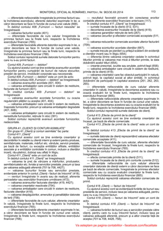 113MONITORUL OFICIAL AL ROMÂNIEI, PARTEA I, Nr. 963/30.XII.2014
— diferențele nefavorabile înregistrate la primirea facturii sau
la închiderea exercițiului, aferente datoriilor exprimate în lei, a
căror decontare se face în funcție de cursul unei valute (668).
În debitul contului 408 „Furnizori — facturi nesosite” se
înregistrează:
— valoarea facturilor sosite (401);
— diferențele favorabile de curs valutar înregistrate la
primirea facturii sau la finele lunii, respectiv la închiderea
exercițiului financiar (765);
— diferențele favorabile aferente datoriilor exprimate în lei, a
căror decontare se face în funcție de cursul unei valute,
înregistrate la primirea facturii sau la finele lunii, respectiv la
închiderea exercițiului financiar (768).
Soldul contului reprezintă sumele datorate furnizorilor pentru
care nu s-au primit facturi.
Contul 409 „Furnizori — debitori”
Cu ajutorul acestui cont se ține evidența avansurilor acordate
furnizorilor pentru cumpărări de bunuri de natura stocurilor,
prestări de servicii, imobilizări corporale sau necorporale.
Contul 409 „Furnizori — debitori” este un cont de activ.
În debitul contului 409 „Furnizori — debitori” se înregistrează:
— valoarea avansurilor acordate (401, 404);
— valoarea ambalajelor care circulă în sistem de restituire,
facturate de furnizori (401).
În creditul contului 409 „Furnizori — debitori” se
înregistrează:
— valoarea avansurilor acordate furnizorilor, cu ocazia
regularizării plăților cu aceștia (401, 404);
— valoarea ambalajelor care circulă în sistem de restituire,
înapoiate furnizorilor, precum și valoarea ambalajelor degradate
(401, 608);
— valoarea ambalajelor care circulă în sistem de restituire,
nerestituite furnizorilor, reținute în stoc (381).
Soldul contului reprezintă avansuri acordate furnizorilor,
nedecontate.
GRUPA 41 „CLIENȚI ȘI CONTURI ASIMILATE”
Din grupa 41 „Clienți și conturi asimilate” fac parte:
Contul 411 „Clienți”
Cu ajutorul acestui cont se ține evidența creanțelor și
decontărilor în relațiile cu clienții interni și externi pentru produse,
semifabricate, materiale, mărfuri etc. vândute, servicii prestate,
pe bază de facturi, cu excepția entităților afiliate, entităților
asociate și a entităților controlate în comun, inclusiv a clienților
incerți, rău-platnici, dubioși sau aflați în litigiu.
Contul 411 „Clienți” este un cont de activ.
În debitul contului 411 „Clienți” se înregistrează:
— valoarea la preț de vânzare a mărfurilor, produselor,
semifabricatelor etc. livrate și serviciilor prestate, precum și taxa
pe valoarea adăugată aferentă (701 la 708, 4427);
— valoarea bunurilor livrate sau serviciilor prestate,
evidențiate anterior în contul „Clienți - facturi de întocmit” (418);
— venituri înregistrate în avans sau de realizat, aferente
perioadelor sau exercițiilor financiare următoare (472);
— valoarea avansurilor facturate clienților (419, 4427);
— valoarea creanțelor reactivate (754);
— valoarea ambalajelor care circulă în sistem de restituire,
facturate clienților (419);
— valoarea despăgubirilor, amenzilor și penalităților datorate
de terți (758);
— diferențele favorabile de curs valutar, aferente creanțelor
în valută, înregistrate la finele lunii, respectiv la închiderea
exercițiului financiar (765);
— diferențele favorabile aferente creanțelor exprimate în lei,
a căror decontare se face în funcție de cursul unei valute,
înregistrate la finele lunii, respectiv la închiderea exercițiului
financiar (768);
— rezultatul favorabil provenit din corectarea erorilor
contabile aferente exercițiilor financiare anterioare (117).
În creditul contului 411 „Clienți” se înregistrează:
— sumele încasate de la clienți (512, 531);
— decontarea avansurilor încasate de la clienți (419);
— valoarea garanțiilor reținute de terți (267);
— valoarea cecurilor și efectelor comerciale acceptate (511,
413);
— valoarea reducerilor comerciale acordate ulterior facturării
(709);
— valoarea sconturilor acordate clienților (667);
— sumele trecute pe pierderi cu prilejul scăderii din evidență
a clienților incerți sau în litigiu (654);
— diferența dintre valoarea creanțelor cedate în schimbul
titlurilor primite și valoarea mai mică a titlurilor primite, la data
dobândirii acelor titluri (654);
— creanțe prescrise, scutite sau anulate, potrivit legii (658);
— valoarea ambalajelor care circulă în sistem de restituire,
primite de la clienți (419);
— valoarea creanțelor care fac obiectul participării în natură,
potrivit legii, la capitalul social al altor entități, în schimbul
dobândirii de participații în capitalul acestora (261, 262, 263,
265);
— diferențele nefavorabile de curs valutar aferente
creanțelor în valută, înregistrate la decontarea acestora sau cu
ocazia evaluării lor la finele lunii, respectiv la închiderea
exercițiului financiar (665);
— diferențele nefavorabile aferente creanțelor exprimate în
lei, a căror decontare se face în funcție de cursul unei valute,
înregistrate la decontarea acestora sau cu ocazia evaluării lor la
finele lunii, respectiv la închiderea exercițiului financiar (668).
Soldul contului reprezintă sumele datorate de clienți.
Contul 413 „Efecte de primit de la clienți”
Cu ajutorul acestui cont se ține evidența creanțelor de
încasat, pe bază de efecte comerciale.
Contul 413 „Efecte de primit de la clienți” este un cont de
activ.
În debitul contului 413 „Efecte de primit de la clienți” se
înregistrează:
— sumele datorate de clienți reprezentând valoarea efectelor
comerciale acceptate (411);
— diferențele favorabile de curs valutar, aferente efectelor
comerciale de încasat, înregistrate la finele lunii, respectiv la
închiderea exercițiului financiar (765).
În creditul contului 413 „Efecte de primit de la clienți” se
înregistrează:
— efecte comerciale primite de la clienți (511);
— sumele încasate de la clienți prin conturile curente (512);
— diferențele nefavorabile de curs valutar aferente
creanțelor datorate de clienții externi a căror decontare se face
pe bază de efecte comerciale, înregistrate la primirea efectelor
comerciale sau cu ocazia evaluării creanțelor la finele lunii,
respectiv la închiderea exercițiului financiar (665).
Soldul contului reprezintă valoarea efectelor comerciale de
primit.
Contul 418 „Clienți — facturi de întocmit”
Cu ajutorul acestui cont se evidențiază livrările de bunuri sau
prestările de servicii, inclusiv taxa pe valoarea adăugată, pentru
care nu s-au întocmit facturi.
Contul 418 „Clienți — facturi de întocmit” este un cont de
activ.
În debitul contului 418 „Clienți — facturi de întocmit” se
înregistrează:
— valoarea livrărilor de bunuri sau a serviciilor prestate către
clienți, pentru care nu s-au întocmit facturi, inclusiv taxa pe
valoarea adăugată aferentă, precum și a altor creanțe față de
aceștia (701 la 708, 4428, 758);
Va asteptam pe pagina contabililor - facebook.com/fiscalitate
 