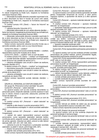 114 MONITORUL OFICIAL AL ROMÂNIEI, PARTEA I, Nr. 963/30.XII.2014
— diferențele favorabile de curs valutar, aferente creanțelor
în valută înregistrate la finele lunii, respectiv la închiderea
exercițiului financiar (765);
— diferențele favorabile aferente creanțelor exprimate în lei,
a căror decontare se face în funcție de cursul unei valute,
înregistrate la finele lunii, respectiv la închiderea exercițiului
financiar (768).
În creditul contului 418 „Clienți — facturi de întocmit” se
înregistrează:
— valoarea facturilor întocmite (411);
— diferențele nefavorabile de curs valutar aferente clienților —
facturi de întocmit, înregistrate la primirea facturii sau la finele lunii,
respectiv la închiderea exercițiului financiar (665);
— diferențele nefavorabile aferente creanțelor exprimate în
lei, a căror decontare se face în funcție de cursul unei valute,
înregistrate la primirea facturii sau la finele lunii, respectiv la
închiderea exercițiului financiar (668).
Soldul contului reprezintă valoarea bunurilor livrate sau a
serviciilor prestate, pentru care nu s-au întocmit facturi.
Contul 419 „Clienți — creditori”
Cu ajutorul acestui cont se ține evidența clienților — creditori,
reprezentând avansurile încasate de la clienți.
Contul 419 „Clienți — creditori” este un cont de pasiv.
În creditul contului 419 „Clienți — creditori” se înregistrează:
— sumele facturate clienților reprezentând avansuri pentru
livrări de bunuri sau prestări de servicii (411);
— valoarea ambalajelor care circulă în sistem de restituire,
facturate clienților (411).
În debitul contului 419 „Clienți — creditori” se înregistrează:
— decontarea avansurilor încasate de la clienți (411);
— valoarea ambalajelor care circulă în sistem de restituire,
primite de la clienți (411);
— valoarea ambalajelor care circulă în sistem de restituire,
nerestituite de clienți (708).
Soldul contului reprezintă sumele datorate clienților —
creditori.
GRUPA 42 „PERSONAL ȘI CONTURI ASIMILATE”
Din grupa 42 „Personal și conturi asimilate” fac parte:
Contul 421 „Personal — salarii datorate”
Cu ajutorul acestui cont se ține evidența decontărilor cu
personalul pentru drepturile salariale cuvenite acestuia în bani
sau în natură, inclusiv a sporurilor, adaosurilor, premiilor din
fondul de salarii etc.
Contul 421 „Personal — salarii datorate” este un cont de
pasiv.
În creditul contului 421 „Personal — salarii datorate” se
înregistrează:
— salariile și alte drepturi cuvenite personalului (641);
— contravaloarea avantajelor în natură acordate salariaților
(642).
În debitul contului 421 „Personal — salarii datorate” se
înregistrează:
— rețineri din salarii reprezentând avansuri acordate
personalului, sume opozabile salariaților datorate terților,
contribuția pentru asigurări sociale, contribuția pentru ajutorul
de șomaj, garanții, impozitul pe salarii, precum și alte rețineri
datorate (425, 427, 431, 437, 428, 444);
— valoarea la preț de înregistrare a produselor acordate
salariaților ca plată în natură, potrivit legii (345, 347);
— drepturi de personal neridicate (426);
— salariile nete achitate personalului (512, 531).
Soldul contului reprezintă drepturile salariale datorate.
Contul 423 „Personal — ajutoare materiale datorate”
Cu ajutorul acestui cont se ține evidența ajutoarelor de boală
pentru incapacitate temporară de muncă, a celor pentru
îngrijirea copilului, a ajutoarelor de deces și a altor ajutoare
acordate.
Contul 423 „Personal — ajutoare materiale datorate” este un
cont de pasiv.
În creditul contului 423 „Personal — ajutoare materiale
datorate” se înregistrează:
— ajutoarele materiale suportate potrivit legii, precum și alte
ajutoare acordate (431, 645).
În debitul contului 423 „Personal — ajutoare materiale
datorate” se înregistrează:
— ajutoare materiale achitate (512, 531);
— reținerile reprezentând avansuri acordate, sume datorate
unității sau terților, contribuția pentru asigurări sociale,
contribuția pentru asigurări de sănătate și pentru ajutorul de
șomaj și impozitul datorat (425, 427, 428, 431, 437, 444);
— ajutoare materiale neridicate (426).
Soldul contului reprezintă ajutoare materiale datorate.
Contul 424 „Prime reprezentând participarea personalului la
profit”
Cu ajutorul acestui cont se ține evidența primelor acordate
personalului din profitul realizat, potrivit prevederilor legale,
reprezentând participarea acestora la profit.
Contul 424 „Prime reprezentând participarea personalului la
profit” este un cont de pasiv.
În creditul contului 424 „Prime reprezentând participarea
personalului la profit” se înregistrează:
— valoarea primelor reprezentând participarea personalului
la profit, acordate potrivit legii (644).
În debitul contului 424 „Prime reprezentând participarea
personalului la profit” se înregistrează:
— rețineri reprezentând avansuri, sume datorate unității și
terților, precum și alte rețineri datorate (427, 428, 444);
— sumele achitate personalului (512, 531);
— sumele neridicate de personal (426).
Soldul contului reprezintă primele acordate din profit,
datorate.
Contul 425 „Avansuri acordate personalului”
Cu ajutorul acestui cont se ține evidența avansurilor acordate
personalului.
Contul 425 „Avansuri acordate personalului” este un cont de
activ.
În debitul contului 425 „Avansuri acordate personalului” se
înregistrează:
— avansurile achitate personalului (512, 531).
În creditul contului 425 „Avansuri acordate personalului” se
înregistrează:
— sumele reținute pe statele de salarii sau de ajutoare
materiale, reprezentând avansuri acordate (421, 423).
Soldul contului reprezintă avansurile acordate.
Contul 426 „Drepturi de personal neridicate”
Cu ajutorul acestui cont se ține evidența drepturilor de
personal neridicate în termenul legal.
Contul 426 „Drepturi de personal neridicate” este un cont de
pasiv.
În creditul contului 426 „Drepturi de personal neridicate” se
înregistrează:
— sumele datorate personalului, reprezentând salarii,
sporuri, adaosuri, ajutoare de boală, prime și alte drepturi,
neridicate în termen (421, 423, 424).
În debitul contului 426 „Drepturi de personal neridicate” se
înregistrează:
— sumele achitate personalului (512, 531);
Va asteptam pe pagina contabililor - facebook.com/fiscalitate
 