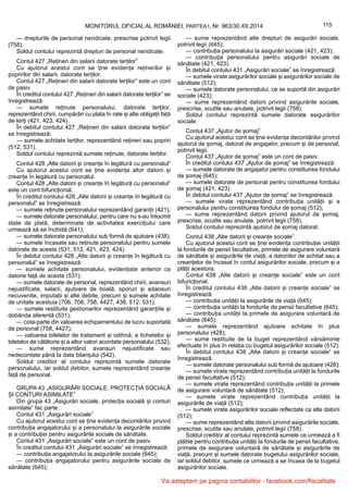 115MONITORUL OFICIAL AL ROMÂNIEI, PARTEA I, Nr. 963/30.XII.2014
— drepturile de personal neridicate, prescrise potrivit legii
(758).
Soldul contului reprezintă drepturi de personal neridicate.
Contul 427 „Rețineri din salarii datorate terților”
Cu ajutorul acestui cont se ține evidența reținerilor și
popririlor din salarii, datorate terților.
Contul 427 „Rețineri din salarii datorate terților” este un cont
de pasiv.
În creditul contului 427 „Rețineri din salarii datorate terților” se
înregistrează:
— sumele reținute personalului, datorate terților,
reprezentând chirii, cumpărări cu plata în rate și alte obligații față
de terți (421, 423, 424).
În debitul contului 427 „Rețineri din salarii datorate terților”
se înregistrează:
— sumele achitate terților, reprezentând rețineri sau popriri
(512, 531).
Soldul contului reprezintă sumele reținute, datorate terților.
Contul 428 „Alte datorii și creanțe în legătură cu personalul”
Cu ajutorul acestui cont se ține evidența altor datorii și
creanțe în legătură cu personalul.
Contul 428 „Alte datorii și creanțe în legătură cu personalul”
este un cont bifuncțional.
În creditul contului 428 „Alte datorii și creanțe în legătură cu
personalul” se înregistrează:
— sumele reținute personalului reprezentând garanții (421);
— sumele datorate personalului, pentru care nu s-au întocmit
state de plată, determinate de activitatea exercițiului care
urmează să se închidă (641);
— sumele datorate personalului sub formă de ajutoare (438);
— sumele încasate sau reținute personalului pentru sumele
datorate de acesta (531, 512, 421, 423, 424).
În debitul contului 428 „Alte datorii și creanțe în legătură cu
personalul” se înregistrează:
— sumele achitate personalului, evidențiate anterior ca
datorie față de acesta (531);
— sumele datorate de personal, reprezentând chirii, avansuri
nejustificate, salarii, ajutoare de boală, sporuri și adaosuri
necuvenite, imputații și alte debite, precum și sumele achitate
de unitate acestuia (706, 708, 758, 4427, 438, 512, 531);
— sumele restituite gestionarilor reprezentând garanțiile și
dobânda aferentă (531);
— cota-parte din valoarea echipamentului de lucru suportată
de personal (758, 4427);
— valoarea biletelor de tratament și odihnă, a tichetelor și
biletelor de călătorie și a altor valori acordate personalului (532);
— sume reprezentând avansuri nejustificate sau
nedecontate până la data bilanțului (542).
Soldul creditor al contului reprezintă sumele datorate
personalului, iar soldul debitor, sumele reprezentând creanțe
față de personal.
GRUPA 43 „ASIGURĂRI SOCIALE, PROTECȚIA SOCIALĂ
ȘI CONTURI ASIMILATE”
Din grupa 43 „Asigurări sociale, protecția socială și conturi
asimilate” fac parte:
Contul 431 „Asigurări sociale”
Cu ajutorul acestui cont se ține evidența decontărilor privind
contribuția angajatorului și a personalului la asigurările sociale
și a contribuției pentru asigurările sociale de sănătate.
Contul 431 „Asigurări sociale” este un cont de pasiv.
În creditul contului 431 „Asigurări sociale” se înregistrează:
— contribuția angajatorului la asigurările sociale (645);
— contribuția angajatorului pentru asigurările sociale de
sănătate (645);
— sume reprezentând alte drepturi de asigurări sociale,
potrivit legii (645);
— contribuția personalului la asigurări sociale (421, 423);
— contribuția personalului pentru asigurări sociale de
sănătate (421, 423).
În debitul contului 431 „Asigurări sociale” se înregistrează:
— sumele virate asigurărilor sociale și asigurărilor sociale de
sănătate (512);
— sumele datorate personalului, ce se suportă din asigurări
sociale (423);
— sume reprezentând datorii privind asigurările sociale,
prescrise, scutite sau anulate, potrivit legii (758).
Soldul contului reprezintă sumele datorate asigurărilor
sociale.
Contul 437 „Ajutor de șomaj”
Cu ajutorul acestui cont se ține evidența decontărilor privind
ajutorul de șomaj, datorat de angajator, precum și de personal,
potrivit legii.
Contul 437 „Ajutor de șomaj” este un cont de pasiv.
În creditul contului 437 „Ajutor de șomaj” se înregistrează:
— sumele datorate de angajator pentru constituirea fondului
de șomaj (645);
— sumele datorate de personal pentru constituirea fondului
de șomaj (421, 423).
În debitul contului 437 „Ajutor de șomaj” se înregistrează:
— sumele virate reprezentând contribuția unității și a
personalului pentru constituirea fondului de șomaj (512);
— sume reprezentând datorii privind ajutorul de șomaj,
prescrise, scutite sau anulate, potrivit legii (758).
Soldul contului reprezintă ajutorul de șomaj datorat.
Contul 438 „Alte datorii și creanțe sociale”
Cu ajutorul acestui cont se ține evidența contribuției unității
la fondurile de pensii facultative, primele de asigurare voluntară
de sănătate și asigurările de viață, a datoriilor de achitat sau a
creanțelor de încasat în contul asigurărilor sociale, precum și a
plății acestora.
Contul 438 „Alte datorii și creanțe sociale” este un cont
bifuncțional.
În creditul contului 438 „Alte datorii și creanțe sociale” se
înregistrează:
— contribuția unității la asigurările de viață (645);
— contribuția unității la fondurile de pensii facultative (645);
— contribuția unității la primele de asigurare voluntară de
sănătate (645);
— sumele reprezentând ajutoare achitate în plus
personalului (428);
— sume restituite de la buget reprezentând vărsăminte
efectuate în plus în relația cu bugetul asigurărilor sociale (512).
În debitul contului 438 „Alte datorii și creanțe sociale” se
înregistrează:
— sumele datorate personalului sub formă de ajutoare (428);
— sumele virate reprezentând contribuția unității la fondurile
de pensii facultative (512);
— sumele virate reprezentând contribuția unității la primele
de asigurare voluntară de sănătate (512);
— sumele virate reprezentând contribuția unității la
asigurările de viață (512);
— sumele virate asigurărilor sociale reflectate ca alte datorii
(512);
— sume reprezentând alte datorii privind asigurările sociale,
prescrise, scutite sau anulate, potrivit legii (758).
Soldul creditor al contului reprezintă sumele ce urmează a fi
plătite pentru contribuția unității la fondurile de pensii facultative,
primele de asigurare voluntară de sănătate și asigurările de
viață, precum și sumele datorate bugetului asigurărilor sociale,
iar soldul debitor, sumele ce urmează a se încasa de la bugetul
asigurărilor sociale.
Va asteptam pe pagina contabililor - facebook.com/fiscalitate
 