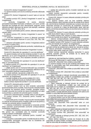 121MONITORUL OFICIAL AL ROMÂNIEI, PARTEA I, Nr. 963/30.XII.2014
Contul 472 „Venituri înregistrate în avans”
Cu ajutorul acestui cont se ține evidența veniturilor efectuate
în avans.
Contul 472 „Venituri înregistrate în avans” este un cont de
pasiv.
În creditul contului 472 „Venituri înregistrate în avans” se
înregistrează:
— veniturile înregistrate în avans, aferente
perioadelor/exercițiilor financiare următoare, cum sunt: sumele
facturate sau încasate din chirii, abonamente, asigurări, sume
aferente prestării ulterioare de servicii (de exemplu, asistența
tehnică) etc. (411, 461, 512, 531);
— valoarea subvențiilor pentru venituri, aferente perioadelor
viitoare (445).
În debitul contului 472 „Venituri înregistrate în avans” se
înregistrează:
— veniturile înregistrate în avans și aferente perioadei
curente sau exercițiului financiar în curs (704, 705, 706, 708,
766);
— valoarea subvențiilor pentru venituri, înregistrate anterior
ca venituri în avans (741);
— partea din subvențiile aferente veniturilor, restituită sau de
restituit (512, 462).
Soldul contului reprezintă veniturile înregistrate în avans.
Contul 473 „Decontări din operațiuni în curs de clarificare”
Cu ajutorul acestui cont se ține evidența sumelor în curs de
clarificare, ce nu pot fi înregistrate pe cheltuieli/venituri, sau în
alte conturi în mod direct, fiind necesare cercetări și lămuriri
suplimentare.
Contul 473 „Decontări din operațiuni în curs de clarificare”
este un cont bifuncțional.
În debitul contului 473 „Decontări din operațiuni în curs de
clarificare” se înregistrează:
— plățile pentru care în momentul efectuării sau constatării
acestora nu se pot lua măsuri de înregistrare definitivă într-un
cont, necesitând clarificări suplimentare (512);
— sumele restituite, necuvenite unității (512, 531).
În creditul contului 473 „Decontări din operațiuni în curs de
clarificare” se înregistrează:
— sumele încasate și necuvenite entității (512, 531);
— sumele clarificate trecute pe cheltuieli (601 la 658).
Soldul contului reprezintă sumele în curs de clarificare.
Contul 475 „Subvenții pentru investiții”
Cu ajutorul acestui cont se ține evidența subvențiilor
guvernamentale pentru investiții, împrumuturilor nerambursabile
cu caracter de subvenții pentru investiții, donațiilor pentru
investiții, plusurilor de inventar de natura imobilizărilor și a altor
sume primite cu caracter de subvenții pentru investiții.
Contul 475 „Subvenții pentru investiții” este un cont de pasiv.
În creditul contului 475 „Subvenții pentru investiții” se
înregistrează:
— subvențiile pentru investiții, împrumuturile nerambursabile
cu caracter de subvenții pentru investiții și alte sume de primit cu
caracter de subvenții pentru investiții (445);
— valoarea imobilizărilor necorporale și corporale primite
drept subvenții guvernamentale (conturile corespunzătoare
imobilizărilor respective);
— valoarea imobilizărilor necorporale și corporale primite cu
titlu gratuit sau constatate plus la inventar (conturile
corespunzătoare imobilizărilor respective).
În debitul contului 475 „Subvenții pentru investiții” se
înregistrează:
— cota-parte a subvențiilor pentru investiții trecute la venituri,
corespunzător amortizării calculate sau la scoaterea din
evidență a activelor (758);
— partea din subvenția pentru investiții restituită sau de
restituit (512, 462).
Soldul contului reprezintă subvențiile pentru investiții,
netransferate la venituri.
Contul 478 „Venituri în avans aferente activelor primite prin
transfer de la clienți”
Cu ajutorul acestui cont se ține evidența datoriei
corespunzătoare valorii activelor primite de entitate de la clienții
săi, sub formă de imobilizări corporale sau numerar care are ca
destinație achiziția ori construirea de imobilizări corporale,
pentru a-i conecta la o rețea de electricitate, gaze, apă sau
pentru a le furniza accesul continuu la anumite bunuri ori servicii,
potrivit legii.
Contul 478 „Venituri în avans aferente activelor primite prin
transfer de la clienți” este un cont de pasiv.
În creditul contului 478 „Venituri în avans aferente activelor
primite prin transfer de la clienți” se înregistrează:
— datoria corespunzătoare valorii activelor (imobilizări
corporale și/sau numerar) primite de entitate de la clienții săi.
În debitul contului 478 „Venituri în avans aferente activelor
primite prin transfer de la clienți” se înregistrează:
— cota-parte din valoarea veniturilor în avans aferente
activelor primite de entitate de la clienții săi, trecută la venituri,
pe măsura amortizării imobilizării corporale sau a prestării
serviciului către clienți, după caz (758).
Soldul contului reprezintă valoarea veniturilor în avans
aferente activelor primite de entitate de la clienții săi,
netransferată la venituri.
GRUPA 48 „DECONTĂRI ÎN CADRUL UNITĂȚII”
Din grupa 48 „Decontări în cadrul unității” fac parte:
Contul 481 „Decontări între unitate și subunități”
Cu ajutorul acestui cont se ține evidența decontărilor între
unitate și subunitățile sale fără personalitate juridică, care
conduc contabilitate proprie.
Contul 481 „Decontări între unitate și subunități” este un cont
bifuncțional.
În debitul contului 481 „Decontări între unitate și subunități”
se înregistrează:
— valori materiale și bănești transferate subunităților (în
contabilitatea unității) sau unității (în contabilitatea subunității)
(301, 302, 303, 341, 361, 371, 381, 512, 531).
În creditul contului 481 „Decontări între unitate și subunități”
se înregistrează:
— valori materiale și bănești primite de unitate de la
subunități (în contabilitatea unității) sau cele primite de
subunitate de la unitate (în contabilitatea subunităților) (301,
302, 303, 341, 361, 371, 381, 512, 531).
Soldul debitor al contului reprezintă sumele de încasat, iar
soldul creditor, sumele datorate pentru operațiuni din cadrul unei
entități cu subunități fără personalitate juridică.
Contul 482 „Decontări între subunități”
Cu ajutorul acestui cont se ține evidența decontărilor între
subunitățile fără personalitate juridică din cadrul aceleiași unități,
care conduc contabilitate proprie.
Contul 482 „Decontări între subunități” este un cont
bifuncțional.
În debitul contului 482 „Decontări între subunități” se
înregistrează:
— valori materiale și bănești transferate între subunități (301,
302, 303, 341, 361, 371, 381, 512, 531).
În creditul contului 482 „Decontări între subunități” se
înregistrează:
— valori materiale și bănești primite (301, 302, 303, 341,
361, 371, 381, 512, 531).
Soldul debitor reprezintă sumele de încasat de la alte
subunități, iar soldul creditor, sumele datorate pentru operațiuni
față de subunități ale aceleiași entități.
Va asteptam pe pagina contabililor - facebook.com/fiscalitate
 