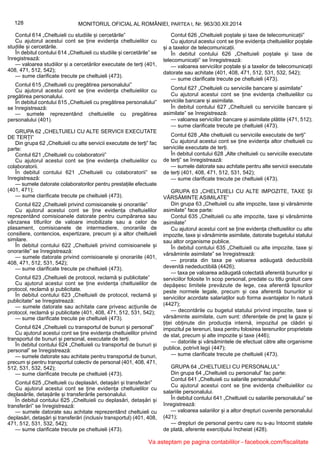 128 MONITORUL OFICIAL AL ROMÂNIEI, PARTEA I, Nr. 963/30.XII.2014
Contul 614 „Cheltuieli cu studiile și cercetările”
Cu ajutorul acestui cont se ține evidența cheltuielilor cu
studiile și cercetările.
În debitul contului 614 „Cheltuieli cu studiile și cercetările” se
înregistrează:
— valoarea studiilor și a cercetărilor executate de terți (401,
408, 471, 512, 542);
— sume clarificate trecute pe cheltuieli (473).
Contul 615 „Cheltuieli cu pregătirea personalului”
Cu ajutorul acestui cont se ține evidența cheltuielilor cu
pregătirea personalului.
În debitul contului 615 „Cheltuieli cu pregătirea personalului”
se înregistrează:
— sumele reprezentând cheltuielile cu pregătirea
personalului (401).
GRUPA 62 „CHELTUIELI CU ALTE SERVICII EXECUTATE
DE TERȚI”
Din grupa 62 „Cheltuieli cu alte servicii executate de terți” fac
parte:
Contul 621 „Cheltuieli cu colaboratorii”
Cu ajutorul acestui cont se ține evidența cheltuielilor cu
colaboratorii.
În debitul contului 621 „Cheltuieli cu colaboratorii” se
înregistrează:
— sumele datorate colaboratorilor pentru prestațiile efectuate
(401, 471);
— sume clarificate trecute pe cheltuieli (473).
Contul 622 „Cheltuieli privind comisioanele și onorariile”
Cu ajutorul acestui cont se ține evidența cheltuielilor
reprezentând comisioanele datorate pentru cumpărarea sau
vânzarea titlurilor de valoare imobilizate sau a celor de
plasament, comisioanele de intermediere, onorariile de
consiliere, contencios, expertizare, precum și a altor cheltuieli
similare.
În debitul contului 622 „Cheltuieli privind comisioanele și
onorariile” se înregistrează:
— sumele datorate privind comisioanele și onorariile (401,
408, 471, 512, 531, 542);
— sume clarificate trecute pe cheltuieli (473).
Contul 623 „Cheltuieli de protocol, reclamă și publicitate”
Cu ajutorul acestui cont se ține evidența cheltuielilor de
protocol, reclamă și publicitate.
În debitul contului 623 „Cheltuieli de protocol, reclamă și
publicitate” se înregistrează:
— sumele datorate sau achitate care privesc acțiunile de
protocol, reclamă și publicitate (401, 408, 471, 512, 531, 542);
— sume clarificate trecute pe cheltuieli (473).
Contul 624 „Cheltuieli cu transportul de bunuri și personal”
Cu ajutorul acestui cont se ține evidența cheltuielilor privind
transportul de bunuri și personal, executate de terți.
În debitul contului 624 „Cheltuieli cu transportul de bunuri și
personal” se înregistrează:
— sumele datorate sau achitate pentru transportul de bunuri,
precum și pentru transportul colectiv de personal (401, 408, 471,
512, 531, 532, 542);
— sume clarificate trecute pe cheltuieli (473).
Contul 625 „Cheltuieli cu deplasări, detașări și transferări”
Cu ajutorul acestui cont se ține evidența cheltuielilor cu
deplasările, detașările și transferările personalului.
În debitul contului 625 „Cheltuieli cu deplasări, detașări și
transferări” se înregistrează:
— sumele datorate sau achitate reprezentând cheltuieli cu
deplasări, detașări și transferări (inclusiv transportul) (401, 408,
471, 512, 531, 532, 542);
— sume clarificate trecute pe cheltuieli (473).
Contul 626 „Cheltuieli poștale și taxe de telecomunicații”
Cu ajutorul acestui cont se ține evidența cheltuielilor poștale
și a taxelor de telecomunicații.
În debitul contului 626 „Cheltuieli poștale și taxe de
telecomunicații” se înregistrează:
— valoarea serviciilor poștale și a taxelor de telecomunicații
datorate sau achitate (401, 408, 471, 512, 531, 532, 542);
— sume clarificate trecute pe cheltuieli (473).
Contul 627 „Cheltuieli cu serviciile bancare și asimilate”
Cu ajutorul acestui cont se ține evidența cheltuielilor cu
serviciile bancare și asimilate.
În debitul contului 627 „Cheltuieli cu serviciile bancare și
asimilate” se înregistrează:
— valoarea serviciilor bancare și asimilate plătite (471, 512);
— sume clarificate trecute pe cheltuieli (473).
Contul 628 „Alte cheltuieli cu serviciile executate de terți”
Cu ajutorul acestui cont se ține evidența altor cheltuieli cu
serviciile executate de terți.
În debitul contului 628 „Alte cheltuieli cu serviciile executate
de terți” se înregistrează:
— sumele datorate sau achitate pentru alte servicii executate
de terți (401, 408, 471, 512, 531, 542);
— sume clarificate trecute pe cheltuieli (473).
GRUPA 63 „CHELTUIELI CU ALTE IMPOZITE, TAXE ȘI
VĂRSĂMINTE ASIMILATE”
Din grupa 63 „Cheltuieli cu alte impozite, taxe și vărsăminte
asimilate” face parte:
Contul 635 „Cheltuieli cu alte impozite, taxe și vărsăminte
asimilate”
Cu ajutorul acestui cont se ține evidența cheltuielilor cu alte
impozite, taxe și vărsăminte asimilate, datorate bugetului statului
sau altor organisme publice.
În debitul contului 635 „Cheltuieli cu alte impozite, taxe și
vărsăminte asimilate” se înregistrează:
— prorata din taxa pe valoarea adăugată deductibilă
devenită nedeductibilă (4426);
— taxa pe valoarea adăugată colectată aferentă bunurilor și
serviciilor folosite în scop personal, predate cu titlu gratuit care
depășesc limitele prevăzute de lege, cea aferentă lipsurilor
peste normele legale, precum și cea aferentă bunurilor și
serviciilor acordate salariaților sub forma avantajelor în natură
(4427);
— decontările cu bugetul statului privind impozite, taxe și
vărsăminte asimilate, cum sunt: diferențele de preț la gaze și
țiței obținute din producția internă, impozitul pe clădiri și
impozitul pe terenuri, taxa pentru folosirea terenurilor proprietate
de stat, precum și alte impozite și taxe (446);
— datoriile și vărsămintele de efectuat către alte organisme
publice, potrivit legii (447);
— sume clarificate trecute pe cheltuieli (473).
GRUPA 64 „CHELTUIELI CU PERSONALUL”
Din grupa 64 „Cheltuieli cu personalul” fac parte:
Contul 641 „Cheltuieli cu salariile personalului”
Cu ajutorul acestui cont se ține evidența cheltuielilor cu
salariile personalului.
În debitul contului 641 „Cheltuieli cu salariile personalului” se
înregistrează:
— valoarea salariilor și a altor drepturi cuvenite personalului
(421);
— drepturi de personal pentru care nu s-au întocmit statele
de plată, aferente exercițiului încheiat (428).
Va asteptam pe pagina contabililor - facebook.com/fiscalitate
 