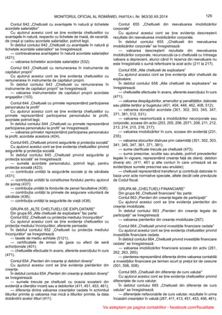 129MONITORUL OFICIAL AL ROMÂNIEI, PARTEA I, Nr. 963/30.XII.2014
Contul 642 „Cheltuieli cu avantajele în natură și tichetele
acordate salariaților”
Cu ajutorul acestui cont se ține evidența cheltuielilor cu
avantajele în natură, respectiv cu tichetele de masă, de vacanță,
de creșă și cadou acordate salariaților, potrivit legii.
În debitul contului 642 „Cheltuieli cu avantajele în natură și
tichetele acordate salariaților” se înregistrează:
— contravaloarea avantajelor în natură acordate salariaților
(421);
— valoarea tichetelor acordate salariaților (532).
Contul 643 „Cheltuieli cu remunerarea în instrumente de
capitaluri proprii”
Cu ajutorul acestui cont se ține evidența cheltuielilor cu
remunerarea în instrumente de capitaluri proprii.
În debitul contului 643 „Cheltuieli cu remunerarea în
instrumente de capitaluri proprii” se înregistrează:
— valoarea instrumentelor de capitaluri proprii acordate
angajaților (103).
Contul 644 „Cheltuieli cu primele reprezentând participarea
personalului la profit”
Cu ajutorul acestui cont se ține evidența cheltuielilor cu
primele reprezentând participarea personalului la profit,
acordate potrivit legii.
În debitul contului 644 „Cheltuieli cu primele reprezentând
participarea personalului la profit” se înregistrează:
— valoarea primelor reprezentând participarea personalului
la profit, acordate acestora (424).
Contul 645 „Cheltuieli privind asigurările și protecția socială”
Cu ajutorul acestui cont se ține evidența cheltuielilor privind
asigurările și protecția socială.
În debitul contului 645 „Cheltuieli privind asigurările și
protecția socială” se înregistrează:
— sumele acordate personalului, potrivit legii, pentru
protecția socială (423);
— contribuția unității la asigurările sociale și de sănătate
(431);
— contribuția unității la constituirea fondului pentru ajutorul
de șomaj (437);
— contribuția unității la fondurile de pensii facultative (438);
— contribuția unității la primele de asigurare voluntară de
sănătate (438);
— contribuția unității la asigurările de viață (438).
GRUPA 65 „ALTE CHELTUIELI DE EXPLOATARE”
Din grupa 65 „Alte cheltuieli de exploatare” fac parte:
Contul 652 „Cheltuieli cu protecția mediului înconjurător”
Cu ajutorul acestui cont se ține evidența cheltuielilor cu
protecția mediului înconjurător, aferente perioadei.
În debitul contului 652 „Cheltuieli cu protecția mediului
înconjurător” se înregistrează:
— taxele de mediu achitate (5121);
— certificatele de emisii de gaze cu efect de seră
achiziționate (401);
— cheltuielile efectuate în avans, aferente exercițiului în curs
(471).
Contul 654 „Pierderi din creanțe și debitori diverși”
Cu ajutorul acestui cont se ține evidența pierderilor din
creanțe.
În debitul contului 654 „Pierderi din creanțe și debitori diverși”
se înregistrează:
— sumele trecute pe cheltuieli cu ocazia scoaterii din
evidență a clienților incerți sau a debitorilor (411, 451, 453, 461);
— diferența dintre valoarea creanțelor cedate în schimbul
titlurilor primite și valoarea mai mică a titlurilor primite, la data
dobândirii acelor titluri (411).
Contul 655 „Cheltuieli din reevaluarea imobilizărilor
corporale”
Cu ajutorul acestui cont se ține evidența descreșterii
rezultate din reevaluarea imobilizărilor corporale.
În debitul contului 655 „Cheltuieli din reevaluarea
imobilizărilor corporale” se înregistrează:
— valoarea descreșterii rezultate din reevaluarea
imobilizărilor corporale, recunoscută ca o cheltuială cu întreaga
valoare a deprecierii, atunci când în rezerva din reevaluare nu
este înregistrată o sumă referitoare la acel activ (211 la 217).
Contul 658 „Alte cheltuieli de exploatare”
Cu ajutorul acestui cont se ține evidența altor cheltuieli de
exploatare.
În debitul contului 658 „Alte cheltuieli de exploatare” se
înregistrează:
— cheltuielile efectuate în avans, aferente exercițiului în curs
(471);
— valoarea despăgubirilor, amenzilor și penalităților, datorate
sau plătite terților și bugetului (401, 404, 448, 462, 408, 512);
— valoarea donațiilor acordate (301, 302, 303, 345, 347,
371, 381, 512, 531);
— valoarea neamortizată a imobilizărilor necorporale sau
corporale, scoase din activ (203, 205, 206, 2071, 208, 211, 212,
213, 214, 215, 216, 217);
— valoarea imobilizărilor în curs, scoase din evidență (231,
235);
— valoarea stocurilor distruse prin calamități (301, 302, 303,
341, 345, 347, 361, 371, 381);
— sume clarificate trecute pe cheltuieli (473);
— sume prescrise, scutite sau anulate, potrivit prevederilor
legale în vigoare, reprezentând creanțe față de clienți, debitori
diverși etc. (411, 461 și alte conturi în care urmează să se
evidențieze sumele prescrise sau anulate);
— cheltuieli reprezentând transferuri și contribuții datorate în
baza unor acte normative speciale, altele decât cele prevăzute
de Codul fiscal.
GRUPA 66 „CHELTUIELI FINANCIARE”
Din grupa 66 „Cheltuieli financiare” fac parte:
Contul 663 „Pierderi din creanțe legate de participații”
Cu ajutorul acestui cont se ține evidența pierderilor din
creanțe imobilizate.
În debitul contului 663 „Pierderi din creanțe legate de
participații” se înregistrează:
— valoarea pierderilor din creanțe imobilizate (267).
Contul 664 „Cheltuieli privind investițiile financiare cedate”
Cu ajutorul acestui cont se ține evidența cheltuielilor privind
investițiile financiare cedate.
În debitul contului 664 „Cheltuieli privind investițiile financiare
cedate” se înregistrează:
— valoarea imobilizărilor financiare scoase din activ (261,
262, 263, 265);
— pierderea reprezentând diferența dintre valoarea contabilă
a investițiilor financiare pe termen scurt și prețul lor de cesiune
(501, 506, 508).
Contul 665 „Cheltuieli din diferențe de curs valutar”
Cu ajutorul acestui cont se ține evidența cheltuielilor privind
diferențele de curs valutar.
În debitul contului 665 „Cheltuieli din diferențe de curs
valutar” se înregistrează:
— diferențele nefavorabile de curs valutar, rezultate în urma
încasării creanțelor în valută (267, 411, 413, 451, 453, 456, 461);
Va asteptam pe pagina contabililor - facebook.com/fiscalitate
 