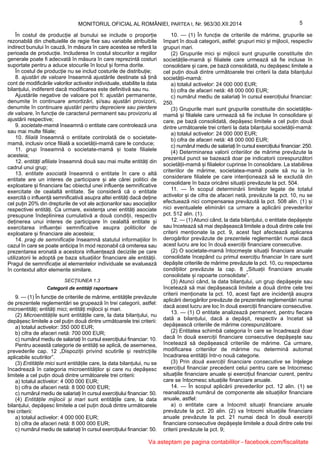 5MONITORUL OFICIAL AL ROMÂNIEI, PARTEA I, Nr. 963/30.XII.2014
În costul de producție al bunului se include o proporție
rezonabilă din cheltuielile de regie fixe sau variabile atribuibile
indirect bunului în cauză, în măsura în care acestea se referă la
perioada de producție. Includerea în costul stocurilor a regiilor
generale poate fi adecvată în măsura în care reprezintă costuri
suportate pentru a aduce stocurile în locul și forma dorite.
În costul de producție nu se includ costurile de distribuție;
8. ajustări de valoare înseamnă ajustările destinate să țină
cont de modificările valorilor activelor individuale, stabilite la data
bilanțului, indiferent dacă modificarea este definitivă sau nu.
Ajustările negative de valoare pot fi: ajustări permanente,
denumite în continuare amortizări, și/sau ajustări provizorii,
denumite în continuare ajustări pentru depreciere sau pierdere
de valoare, în funcție de caracterul permanent sau provizoriu al
ajustării respective;
9. societate-mamă înseamnă o entitate care controlează una
sau mai multe filiale;
10. filială înseamnă o entitate controlată de o societate-
mamă, inclusiv orice filială a societății-mamă care le conduce;
11. grup înseamnă o societate-mamă și toate filialele
acesteia;
12. entități afiliate înseamnă două sau mai multe entități din
cadrul unui grup;
13. entitate asociată înseamnă o entitate în care o altă
entitate are un interes de participare și ale cărei politici de
exploatare și financiare fac obiectul unei influențe semnificative
exercitate de cealaltă entitate. Se consideră că o entitate
exercită o influență semnificativă asupra altei entități dacă deține
cel puțin 20% din drepturile de vot ale acționarilor sau asociaților
respectivei entități. Ca urmare, existența unei entități asociate
presupune îndeplinirea cumulativă a două condiții, respectiv
deținerea unui interes de participare în cealaltă entitate și
exercitarea influenței semnificative asupra politicilor de
exploatare și financiare ale acesteia;
14. prag de semnificație înseamnă statutul informațiilor în
cazul în care se poate anticipa în mod rezonabil că omiterea sau
prezentarea eronată a acestora influențează deciziile pe care
utilizatorii le adoptă pe baza situațiilor financiare ale entității.
Pragul de semnificație al elementelor individuale se evaluează
în contextul altor elemente similare.
SECȚIUNEA 1.3
Categorii de entități raportoare
9. — (1) În funcție de criteriile de mărime, entitățile prevăzute
de prezentele reglementări se grupează în trei categorii, astfel:
microentități; entități mici; entități mijlocii și mari.
(2) Microentitățile sunt entitățile care, la data bilanțului, nu
depășesc limitele a cel puțin două dintre următoarele trei criterii:
a) totalul activelor: 350 000 EUR;
b) cifra de afaceri netă: 700 000 EUR;
c) numărul mediu de salariați în cursul exercițiului financiar: 10.
Pentru această categorie de entități se aplică, de asemenea,
prevederile cap. 12 „Dispoziții privind scutirile și restricțiile
aplicabile scutirilor”.
(3) Entitățile mici sunt entitățile care, la data bilanțului, nu se
încadrează în categoria microentităților și care nu depășesc
limitele a cel puțin două dintre următoarele trei criterii:
a) totalul activelor: 4 000 000 EUR;
b) cifra de afaceri netă: 8 000 000 EUR;
c) numărul mediu de salariați în cursul exercițiului financiar: 50.
(4) Entitățile mijlocii și mari sunt entitățile care, la data
bilanțului, depășesc limitele a cel puțin două dintre următoarele
trei criterii:
a) totalul activelor: 4 000 000 EUR;
b) cifra de afaceri netă: 8 000 000 EUR;
c) numărul mediu de salariați în cursul exercițiului financiar: 50.
10. — (1) În funcție de criteriile de mărime, grupurile se
împart în două categorii, astfel: grupuri mici și mijlocii, respectiv
grupuri mari.
(2) Grupurile mici și mijlocii sunt grupurile constituite din
societățile-mamă și filialele care urmează să fie incluse în
consolidare și care, pe bază consolidată, nu depășesc limitele a
cel puțin două dintre următoarele trei criterii la data bilanțului
societății-mamă:
a) totalul activelor: 24 000 000 EUR;
b) cifra de afaceri netă: 48 000 000 EUR;
c) numărul mediu de salariați în cursul exercițiului financiar:
250.
(3) Grupurile mari sunt grupurile constituite din societățile-
mamă și filialele care urmează să fie incluse în consolidare și
care, pe bază consolidată, depășesc limitele a cel puțin două
dintre următoarele trei criterii la data bilanțului societății-mamă:
a) totalul activelor: 24 000 000 EUR;
b) cifra de afaceri netă: 48 000 000 EUR;
c) numărul mediu de salariați în cursul exercițiului financiar: 250.
(4) Determinarea valorii criteriilor de mărime prevăzute la
prezentul punct se bazează doar pe indicatorii corespunzători
societății-mamă și filialelor cuprinse în consolidare. La stabilirea
criteriilor de mărime, societatea-mamă poate să nu ia în
considerare filialele pe care intenționează să le excludă din
consolidare în baza oricărei situații prevăzute la pct. 504.
11. — În scopul determinării limitelor legate de totalul
activelor și de cifra de afaceri netă, prevăzute la pct. 10, nu se
efectuează nici compensarea prevăzută la pct. 508 alin. (1) și
nici eventualele eliminări ca urmare a aplicării prevederilor
pct. 512 alin. (1).
12. — (1) Atunci când, la data bilanțului, o entitate depășește
sau încetează să mai depășească limitele a două dintre cele trei
criterii menționate la pct. 9, acest fapt afectează aplicarea
derogărilor prevăzute de prezentele reglementări numai dacă
acest lucru are loc în două exerciții financiare consecutive.
(2) O societate-mamă întocmește situații financiare anuale
consolidate începând cu primul exercițiu financiar în care sunt
depășite criteriile de mărime prevăzute la pct. 10, cu respectarea
condițiilor prevăzute la cap. 8 „Situații financiare anuale
consolidate și rapoarte consolidate”.
(3) Atunci când, la data bilanțului, un grup depășește sau
încetează să mai depășească limitele a două dintre cele trei
criterii menționate la pct. 10, acest fapt are incidență asupra
aplicării derogărilor prevăzute de prezentele reglementări numai
dacă acest lucru are loc în două exerciții financiare consecutive.
13. — (1) O entitate analizează permanent, pentru fiecare
dată a bilanțului, dacă a depășit, respectiv a încetat să
depășească criteriile de mărime corespunzătoare.
(2) Entitatea schimbă categoria în care se încadrează doar
dacă în două exerciții financiare consecutive depășește sau
încetează să depășească criteriile de mărime. Ca urmare,
modificarea criteriilor de mărime nu determină automat
încadrarea entității într-o nouă categorie.
(3) Prin două exerciții financiare consecutive se înțelege
exercițiul financiar precedent celui pentru care se întocmesc
situațiile financiare anuale și exercițiul financiar curent, pentru
care se întocmesc situațiile financiare anuale.
14. — În scopul aplicării prevederilor pct. 12 alin. (1) se
reanalizează numărul de componente ale situațiilor financiare
anuale, astfel:
a) o entitate care a întocmit situații financiare anuale
prevăzute la pct. 20 alin. (2) va întocmi situațiile financiare
anuale prevăzute la pct. 21 numai dacă în două exerciții
financiare consecutive depășește limitele a două dintre cele trei
criterii prevăzute la pct. 9;
Va asteptam pe pagina contabililor - facebook.com/fiscalitate
 