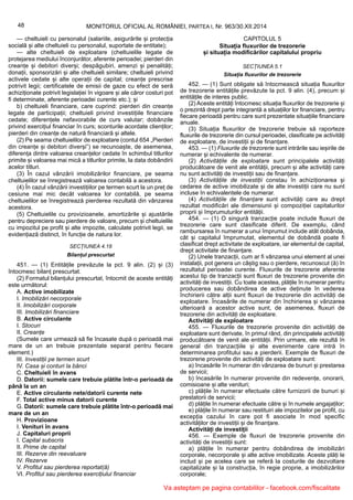 48 MONITORUL OFICIAL AL ROMÂNIEI, PARTEA I, Nr. 963/30.XII.2014
— cheltuieli cu personalul (salariile, asigurările și protecția
socială și alte cheltuieli cu personalul, suportate de entitate);
— alte cheltuieli de exploatare (cheltuielile legate de
protejarea mediului înconjurător, aferente perioadei; pierderi din
creanțe și debitori diverși; despăgubiri, amenzi și penalități;
donații, sponsorizări și alte cheltuieli similare; cheltuieli privind
activele cedate și alte operații de capital; creanțe prescrise
potrivit legii; certificatele de emisii de gaze cu efect de seră
achiziționate potrivit legislației în vigoare și ale căror costuri pot
fi determinate, aferente perioadei curente etc.); și
b) cheltuieli financiare, care cuprind: pierderi din creanțe
legate de participații; cheltuieli privind investițiile financiare
cedate; diferențele nefavorabile de curs valutar; dobânzile
privind exercițiul financiar în curs; sconturile acordate clienților;
pierderi din creanțe de natură financiară și altele.
(2) Pe seama cheltuielilor de exploatare (contul 654 „Pierderi
din creanțe și debitori diverși”) se recunoaște, de asemenea,
diferența dintre valoarea creanțelor cedate în schimbul titlurilor
primite și valoarea mai mică a titlurilor primite, la data dobândirii
acelor titluri.
(3) În cazul vânzării imobilizărilor financiare, pe seama
cheltuielilor se înregistrează valoarea contabilă a acestora.
(4) În cazul vânzării investițiilor pe termen scurt la un preț de
cesiune mai mic decât valoarea lor contabilă, pe seama
cheltuielilor se înregistrează pierderea rezultată din vânzarea
acestora.
(5) Cheltuielile cu provizioanele, amortizările și ajustările
pentru depreciere sau pierdere de valoare, precum și cheltuielile
cu impozitul pe profit și alte impozite, calculate potrivit legii, se
evidențiază distinct, în funcție de natura lor.
SECȚIUNEA 4.18
Bilanțul prescurtat
451. — (1) Entitățile prevăzute la pct. 9 alin. (2) și (3)
întocmesc bilanț prescurtat.
(2) Formatul bilanțului prescurtat, întocmit de aceste entități
este următorul:
A. Active imobilizate
I. Imobilizări necorporale
II. Imobilizări corporale
III. Imobilizări financiare
B. Active circulante
I. Stocuri
II. Creanțe
(Sumele care urmează să fie încasate după o perioadă mai
mare de un an trebuie prezentate separat pentru fiecare
element.)
III. Investiții pe termen scurt
IV. Casa și conturi la bănci
C. Cheltuieli în avans
D. Datorii: sumele care trebuie plătite într-o perioadă de
până la un an
E. Active circulante nete/datorii curente nete
F. Total active minus datorii curente
G. Datorii: sumele care trebuie plătite într-o perioadă mai
mare de un an
H. Provizioane
I. Venituri în avans
J. Capitaluri proprii
I. Capital subscris
II. Prime de capital
III. Rezerve din reevaluare
IV. Rezerve
V. Profitul sau pierderea reportat(ă)
VI. Profitul sau pierderea exercițiului financiar
CAPITOLUL 5
Situația fluxurilor de trezorerie
și situația modificărilor capitalului propriu
SECȚIUNEA 5.1
Situația fluxurilor de trezorerie
452. — (1) Sunt obligate să întocmească situația fluxurilor
de trezorerie entitățile prevăzute la pct. 9 alin. (4), precum și
entitățile de interes public.
(2) Aceste entități întocmesc situația fluxurilor de trezorerie și
o prezintă drept parte integrantă a situațiilor lor financiare, pentru
fiecare perioadă pentru care sunt prezentate situațiile financiare
anuale.
(3) Situația fluxurilor de trezorerie trebuie să raporteze
fluxurile de trezorerie din cursul perioadei, clasificate pe activități
de exploatare, de investiții și de finanțare.
453. — (1) Fluxurile de trezorerie sunt intrările sau ieșirile de
numerar și echivalente de numerar.
(2) Activitățile de exploatare sunt principalele activități
producătoare de venit ale entității, precum și alte activități care
nu sunt activități de investiții sau de finanțare.
(3) Activitățile de investiții constau în achiziționarea și
cedarea de active imobilizate și de alte investiții care nu sunt
incluse în echivalentele de numerar.
(4) Activitățile de finanțare sunt activități care au drept
rezultat modificări ale dimensiunii și compoziției capitalurilor
proprii și împrumuturilor entității.
454. — (1) O singură tranzacție poate include fluxuri de
trezorerie care sunt clasificate diferit. De exemplu, când
rambursarea în numerar a unui împrumut include atât dobânda,
cât și capitalul împrumutat, elementul de dobândă poate fi
clasificat drept activitate de exploatare, iar elementul de capital,
drept activitate de finanțare.
(2) Unele tranzacții, cum ar fi vânzarea unui element al unei
instalații, pot genera un câștig sau o pierdere, recunoscut (ă) în
rezultatul perioadei curente. Fluxurile de trezorerie aferente
acestui tip de tranzacții sunt fluxuri de trezorerie provenite din
activități de investiții. Cu toate acestea, plățile în numerar pentru
producerea sau dobândirea de active deținute în vederea
închirierii către alții sunt fluxuri de trezorerie din activități de
exploatare. Încasările de numerar din închirierea și vânzarea
ulterioară a acestor active sunt, de asemenea, fluxuri de
trezorerie din activități de exploatare.
Activități de exploatare
455. — Fluxurile de trezorerie provenite din activități de
exploatare sunt derivate, în primul rând, din principalele activități
producătoare de venit ale entității. Prin urmare, ele rezultă în
general din tranzacțiile și alte evenimente care intră în
determinarea profitului sau a pierderii. Exemple de fluxuri de
trezorerie provenite din activități de exploatare sunt:
a) încasările în numerar din vânzarea de bunuri și prestarea
de servicii;
b) încasările în numerar provenite din redevențe, onorarii,
comisioane și alte venituri;
c) plățile în numerar efectuate către furnizorii de bunuri și
prestatorii de servicii;
d) plățile în numerar efectuate către și în numele angajaților;
e) plățile în numerar sau restituiri ale impozitelor pe profit, cu
excepția cazului în care pot fi asociate în mod specific
activităților de investiții și de finanțare.
Activități de investiții
456. — Exemple de fluxuri de trezorerie provenite din
activități de investiții sunt:
a) plățile în numerar pentru dobândirea de imobilizări
corporale, necorporale și alte active imobilizate. Aceste plăți le
includ și pe acelea care se referă la costurile de dezvoltare
capitalizate și la construcția, în regie proprie, a imobilizărilor
corporale;
Va asteptam pe pagina contabililor - facebook.com/fiscalitate
 