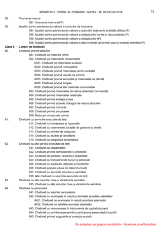 58. Viramente interne
581. Viramente interne (A/P)
59. Ajustări pentru pierderea de valoare a conturilor de trezorerie
591. Ajustări pentru pierderea de valoare a acțiunilor deținute la entitățile afiliate (P)
595. Ajustări pentru pierderea de valoare a obligațiunilor emise și răscumpărate (P)
596. Ajustări pentru pierderea de valoare a obligațiunilor (P)
598. Ajustări pentru pierderea de valoare a altor investiții pe termen scurt și creanțe asimilate (P)
Clasa 6 — Conturi de cheltuieli
60. Cheltuieli privind stocurile
601. Cheltuieli cu materiile prime
602. Cheltuieli cu materialele consumabile
6021. Cheltuieli cu materialele auxiliare
6022. Cheltuieli privind combustibilii
6023. Cheltuieli privind materialele pentru ambalat
6024. Cheltuieli privind piesele de schimb
6025. Cheltuieli privind semințele și materialele de plantat
6026. Cheltuieli privind furajele
6028. Cheltuieli privind alte materiale consumabile
603. Cheltuieli privind materialele de natura obiectelor de inventar
604. Cheltuieli privind materialele nestocate
605. Cheltuieli privind energia și apa
606. Cheltuieli privind activele biologice de natura stocurilor
607. Cheltuieli privind mărfurile
608. Cheltuieli privind ambalajele
609. Reduceri comerciale primite
61. Cheltuieli cu serviciile executate de terți
611. Cheltuieli cu întreținerea și reparațiile
612. Cheltuieli cu redevențele, locațiile de gestiune și chiriile
613. Cheltuieli cu primele de asigurare
614. Cheltuieli cu studiile și cercetările
615. Cheltuieli cu pregătirea personalului
62. Cheltuieli cu alte servicii executate de terți
621. Cheltuieli cu colaboratorii
622. Cheltuieli privind comisioanele și onorariile
623. Cheltuieli de protocol, reclamă și publicitate
624. Cheltuieli cu transportul de bunuri și personal
625. Cheltuieli cu deplasări, detașări și transferări
626. Cheltuieli poștale și taxe de telecomunicații
627. Cheltuieli cu serviciile bancare și asimilate
628. Alte cheltuieli cu serviciile executate de terți
63. Cheltuieli cu alte impozite, taxe și vărsăminte asimilate
635. Cheltuieli cu alte impozite, taxe și vărsăminte asimilate
64. Cheltuieli cu personalul
641. Cheltuieli cu salariile personalului
642. Cheltuieli cu avantajele în natură și tichetele acordate salariaților
6421. Cheltuieli cu avantajele în natură acordate salariaților
6422. Cheltuieli cu tichetele acordate salariaților
643. Cheltuieli cu remunerarea în instrumente de capitaluri proprii
644. Cheltuieli cu primele reprezentând participarea personalului la profit
645. Cheltuieli privind asigurările și protecția socială
73MONITORUL OFICIAL AL ROMÂNIEI, PARTEA I, Nr. 963/30.XII.2014
Va asteptam pe pagina contabililor - facebook.com/fiscalitate
 