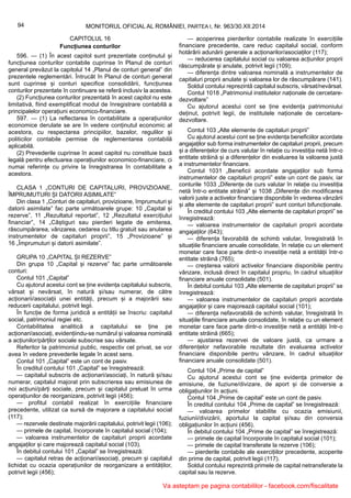 94 MONITORUL OFICIAL AL ROMÂNIEI, PARTEA I, Nr. 963/30.XII.2014
CAPITOLUL 16
Funcțiunea conturilor
596. — (1) În acest capitol sunt prezentate conținutul și
funcțiunea conturilor contabile cuprinse în Planul de conturi
general prevăzut la capitolul 14 „Planul de conturi general” din
prezentele reglementări. Întrucât în Planul de conturi general
sunt cuprinse și conturi specifice consolidării, funcțiunea
conturilor prezentate în continuare se referă inclusiv la acestea.
(2) Funcțiunea conturilor prezentată în acest capitol nu este
limitativă, fiind exemplificat modul de înregistrare contabilă a
principalelor operațiuni economico-financiare.
597. — (1) La reflectarea în contabilitate a operațiunilor
economice derulate se are în vedere conținutul economic al
acestora, cu respectarea principiilor, bazelor, regulilor și
politicilor contabile permise de reglementarea contabilă
aplicabilă.
(2) Prevederile cuprinse în acest capitol nu constituie bază
legală pentru efectuarea operațiunilor economico-financiare, ci
numai referințe cu privire la înregistrarea în contabilitate a
acestora.
CLASA 1 „CONTURI DE CAPITALURI, PROVIZIOANE,
ÎMPRUMUTURI ȘI DATORII ASIMILATE”
Din clasa 1 „Conturi de capitaluri, provizioane, împrumuturi și
datorii asimilate” fac parte următoarele grupe: 10 „Capital și
rezerve”, 11 „Rezultatul reportat”, 12 „Rezultatul exercițiului
financiar”, 14 „Câștiguri sau pierderi legate de emiterea,
răscumpărarea, vânzarea, cedarea cu titlu gratuit sau anularea
instrumentelor de capitaluri proprii”, 15 „Provizioane” și
16 „Împrumuturi și datorii asimilate”.
GRUPA 10 „CAPITAL ȘI REZERVE”
Din grupa 10 „Capital și rezerve” fac parte următoarele
conturi:
Contul 101 „Capital”
Cu ajutorul acestui cont se ține evidența capitalului subscris,
vărsat și nevărsat, în natură și/sau numerar, de către
acționarii/asociații unei entități, precum și a majorării sau
reducerii capitalului, potrivit legii.
În funcție de forma juridică a entității se înscriu: capitalul
social, patrimoniul regiei etc.
Contabilitatea analitică a capitalului se ține pe
acționari/asociați, evidențiindu-se numărul și valoarea nominală
a acțiunilor/părților sociale subscrise sau vărsate.
Referitor la patrimoniul public, respectiv cel privat, se vor
avea în vedere prevederile legale în acest sens.
Contul 101 „Capital” este un cont de pasiv.
În creditul contului 101 „Capital” se înregistrează:
— capitalul subscris de acționari/asociați, în natură și/sau
numerar, capitalul majorat prin subscrierea sau emisiunea de
noi acțiuni/părți sociale, precum și capitalul preluat în urma
operațiunilor de reorganizare, potrivit legii (456);
— profitul contabil realizat în exercițiile financiare
precedente, utilizat ca sursă de majorare a capitalului social
(117);
— rezervele destinate majorării capitalului, potrivit legii (106);
— primele de capital, încorporate în capitalul social (104);
— valoarea instrumentelor de capitaluri proprii acordate
angajaților și care majorează capitalul social (103).
În debitul contului 101 „Capital” se înregistrează:
— capitalul retras de acționari/asociați, precum și capitalul
lichidat cu ocazia operațiunilor de reorganizare a entităților,
potrivit legii (456);
— acoperirea pierderilor contabile realizate în exercițiile
financiare precedente, care reduc capitalul social, conform
hotărârii adunării generale a acționarilor/asociaților (117);
— reducerea capitalului social cu valoarea acțiunilor proprii
răscumpărate și anulate, potrivit legii (109);
— diferența dintre valoarea nominală a instrumentelor de
capitaluri proprii anulate și valoarea lor de răscumpărare (141).
Soldul contului reprezintă capitalul subscris, vărsat/nevărsat.
Contul 1018 „Patrimoniul institutelor naționale de cercetare-
dezvoltare”
Cu ajutorul acestui cont se ține evidența patrimoniului
deținut, potrivit legii, de institutele naționale de cercetare-
dezvoltare.
Contul 103 „Alte elemente de capitaluri proprii”
Cu ajutorul acestui cont se ține evidența beneficiilor acordate
angajaților sub forma instrumentelor de capitaluri proprii, precum
și a diferențelor de curs valutar în relație cu investiția netă într-o
entitate străină și a diferențelor din evaluarea la valoarea justă
a instrumentelor financiare.
Contul 1031 „Beneficii acordate angajaților sub forma
instrumentelor de capitaluri proprii” este un cont de pasiv, iar
conturile 1033 „Diferențe de curs valutar în relație cu investiția
netă într-o entitate străină” și 1038 „Diferențe din modificarea
valorii juste a activelor financiare disponibile în vederea vânzării
și alte elemente de capitaluri proprii” sunt conturi bifuncționale.
În creditul contului 103 „Alte elemente de capitaluri proprii” se
înregistrează:
— valoarea instrumentelor de capitaluri proprii acordate
angajaților (643);
— diferența favorabilă de schimb valutar, înregistrată în
situațiile financiare anuale consolidate, în relație cu un element
monetar care face parte dintr-o investiție netă a entității într-o
entitate străină (765);
— creșterea valorii activelor financiare disponibile pentru
vânzare, inclusă direct în capitalul propriu, în cadrul situațiilor
financiare anuale consolidate (501).
În debitul contului 103 „Alte elemente de capitaluri proprii” se
înregistrează:
— valoarea instrumentelor de capitaluri proprii acordate
angajaților și care majorează capitalul social (101);
— diferența nefavorabilă de schimb valutar, înregistrată în
situațiile financiare anuale consolidate, în relație cu un element
monetar care face parte dintr-o investiție netă a entității într-o
entitate străină (665);
— ajustarea rezervei de valoare justă, ca urmare a
diferențelor nefavorabile rezultate din evaluarea activelor
financiare disponibile pentru vânzare, în cadrul situațiilor
financiare anuale consolidate (501).
Contul 104 „Prime de capital”
Cu ajutorul acestui cont se ține evidența primelor de
emisiune, de fuziune/divizare, de aport și de conversie a
obligațiunilor în acțiuni.
Contul 104 „Prime de capital” este un cont de pasiv.
În creditul contului 104 „Prime de capital” se înregistrează:
— valoarea primelor stabilite cu ocazia emisiunii,
fuziunii/divizării, aportului la capital și/sau din conversia
obligațiunilor în acțiuni (456).
În debitul contului 104 „Prime de capital” se înregistrează:
— primele de capital încorporate în capitalul social (101);
— primele de capital transferate la rezerve (106);
— pierderile contabile ale exercițiilor precedente, acoperite
din prime de capital, potrivit legii (117).
Soldul contului reprezintă primele de capital netransferate la
capital sau la rezerve.
Va asteptam pe pagina contabililor - facebook.com/fiscalitate
 