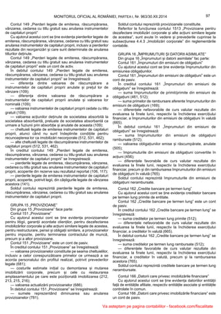 97MONITORUL OFICIAL AL ROMÂNIEI, PARTEA I, Nr. 963/30.XII.2014
Contul 149 „Pierderi legate de emiterea, răscumpărarea,
vânzarea, cedarea cu titlu gratuit sau anularea instrumentelor
de capitaluri proprii”
Cu ajutorul acestui cont se ține evidența pierderilor legate de
emiterea, răscumpărarea, vânzarea, cedarea cu titlu gratuit sau
anularea instrumentelor de capitaluri proprii, inclusiv a pierderilor
rezultate din reorganizări și care sunt determinate de anularea
titlurilor deținute.
Contul 149 „Pierderi legate de emiterea, răscumpărarea,
vânzarea, cedarea cu titlu gratuit sau anularea instrumentelor
de capitaluri proprii” este un cont de activ.
În debitul contului 149 „Pierderi legate de emiterea,
răscumpărarea, vânzarea, cedarea cu titlu gratuit sau anularea
instrumentelor de capitaluri proprii” se înregistrează:
— diferența dintre valoarea de răscumpărare a
instrumentelor de capitaluri proprii anulate și prețul lor de
vânzare (109);
— diferența dintre valoarea de răscumpărare a
instrumentelor de capitaluri proprii anulate și valoarea lor
nominală (109);
— valoarea instrumentelor de capitaluri proprii cedate cu titlu
gratuit (109);
— valoarea acțiunilor deținute de societatea absorbită la
societatea absorbantă, preluate de societatea absorbantă ca
urmare a fuziunii prin absorbție și anulate de aceasta (109);
— cheltuieli legate de emiterea instrumentelor de capitaluri
proprii, atunci când nu sunt îndeplinite condițiile pentru
recunoașterea lor ca imobilizări necorporale (512, 531, 462);
— alte cheltuieli legate de răscumpărarea instrumentelor de
capitaluri proprii (512, 531, 462).
În creditul contului 149 „Pierderi legate de emiterea,
răscumpărarea, vânzarea, cedarea cu titlu gratuit sau anularea
instrumentelor de capitaluri proprii” se înregistrează:
— pierderile legate de emiterea, răscumpărarea, vânzarea,
cedarea cu titlu gratuit sau anularea instrumentelor de capitaluri
proprii, acoperite din rezerve sau rezultatul reportat (106, 117);
— pierderile legate de emiterea instrumentelor de capitaluri
proprii, acoperite, potrivit legii, din câștigurile legate de vânzarea
acestora (141).
Soldul contului reprezintă pierderile legate de emiterea,
răscumpărarea, vânzarea, cedarea cu titlu gratuit sau anularea
instrumentelor de capitaluri proprii.
GRUPA 15 „PROVIZIOANE”
Din grupa 15 „Provizioane” face parte:
Contul 151 „Provizioane”
Cu ajutorul acestui cont se ține evidența provizioanelor
pentru litigii, garanții acordate clienților, pentru dezafectarea
imobilizărilor corporale și alte acțiuni similare legate de acestea,
pentru restructurare, pensii și obligații similare, a provizioanelor
pentru impozite, pentru terminarea contractului de muncă,
precum și a altor provizioane.
Contul 151 „Provizioane” este un cont de pasiv.
În creditul contului 151 „Provizioane” se înregistrează:
— valoarea provizioanelor constituite pe seama cheltuielilor,
inclusiv a celor corespunzătoare primelor ce urmează a se
acorda personalului din profitul realizat, potrivit prevederilor
legale (681);
— costurile estimate inițial cu demontarea și mutarea
imobilizării corporale, precum și cele cu restaurarea
amplasamentului pe care este poziționată imobilizarea (212,
213, 215, 216);
— valoarea actualizării provizioanelor (686).
În debitul contului 151 „Provizioane” se înregistrează:
— sumele reprezentând diminuarea sau anularea
provizioanelor (781).
Soldul contului reprezintă provizioanele constituite.
Referitor la funcțiunea contului 1513 „Provizioane pentru
dezafectare imobilizări corporale și alte acțiuni similare legate
de acestea”, sunt avute în vedere și prevederile cuprinse la
subsecțiunea 4.4.3 „Imobilizări corporale” din reglementările
contabile.
GRUPA 16 „ÎMPRUMUTURI ȘI DATORII ASIMILATE”
Din grupa 16 „Împrumuturi și datorii asimilate” fac parte:
Contul 161 „Împrumuturi din emisiuni de obligațiuni”
Cu ajutorul acestui cont se ține evidența împrumuturilor din
emisiunea obligațiunilor.
Contul 161 „Împrumuturi din emisiuni de obligațiuni” este un
cont de pasiv.
În creditul contului 161 „Împrumuturi din emisiuni de
obligațiuni” se înregistrează:
— suma împrumuturilor de primit/primite din emisiuni de
obligațiuni (461, 512);
— suma primelor de rambursare aferente împrumuturilor din
emisiuni de obligațiuni (169);
— diferențele nefavorabile de curs valutar rezultate din
evaluarea la finele lunii, respectiv la închiderea exercițiului
financiar, a împrumuturilor din emisiuni de obligațiuni în valută
(665).
În debitul contului 161 „Împrumuturi din emisiuni de
obligațiuni” se înregistrează:
— suma împrumuturilor din emisiuni de obligațiuni
rambursate (512);
— valoarea obligațiunilor emise și răscumpărate, anulate
(505);
— împrumuturile din emisiuni de obligațiuni convertite în
acțiuni (456);
— diferențele favorabile de curs valutar rezultate din
evaluarea la finele lunii, respectiv la închiderea exercițiului
financiar, precum și din rambursarea împrumuturilor din emisiuni
de obligațiuni în valută (765).
Soldul contului reprezintă împrumuturile din emisiuni de
obligațiuni nerambursate.
Contul 162 „Credite bancare pe termen lung”
Cu ajutorul acestui cont se ține evidența creditelor bancare
pe termen lung primite de entitate.
Contul 162 „Credite bancare pe termen lung” este un cont
de pasiv.
În creditul contului 162 „Credite bancare pe termen lung” se
înregistrează:
— suma creditelor pe termen lung primite (512);
— diferențele nefavorabile de curs valutar rezultate din
evaluarea la finele lunii, respectiv la închiderea exercițiului
financiar, a creditelor în valută (665).
În debitul contului 162 „Credite bancare pe termen lung” se
înregistrează:
— suma creditelor pe termen lung rambursate (512);
— diferențele favorabile de curs valutar rezultate din
evaluarea la finele lunii, respectiv la închiderea exercițiului
financiar, a creditelor în valută, precum și la rambursarea
acestora (765).
Soldul contului reprezintă creditele bancare pe termen lung
nerambursate.
Contul 166 „Datorii care privesc imobilizările financiare”
Cu ajutorul acestui cont se ține evidența datoriilor entității
față de entitățile afiliate, respectiv entitățile asociate și entitățile
controlate în comun.
Contul 166 „Datorii care privesc imobilizările financiare” este
un cont de pasiv.
Va asteptam pe pagina contabililor - facebook.com/fiscalitate
 