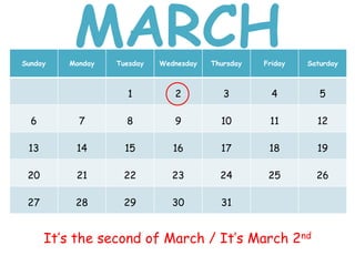 Sunday Monday Tuesday Wednesday Thursday Friday Saturday
1 2 3 4 5
6 7 8 9 10 11 12
13 14 15 16 17 18 19
20 21 22 23 24 25 26
27 28 29 30 31
It’s the second of March / It’s March 2nd
MARCH
 