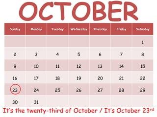 Sunday Monday Tuesday Wednesday Thursday Friday Saturday
1
2 3 4 5 6 7 8
9 10 11 12 13 14 15
16 17 18 19 20 21 22
23 24 25 26 27 28 29
30 31
It’s the twenty-third of October / It’s October 23rd
OCTOBER
 
