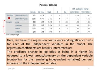Here, we have the regression coefficients and significance tests
for each of the independent variables in the model. The
regression coefficients are literally interpreted as:
The predicted change in log odds of being in a higher (as
opposed to a lower) group/category on the dependent variable
(controlling for the remaining independent variables) per unit
increase on the independent variable.
3/29/2020 DR ATHAR KHAN 19
 