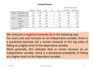 We interpret a negative Estimate (b) in the following way:
For every one unit increase on an independent variable, there is
a predicted decrease (of a certain amount) in the log odds of
falling at a higher level of the dependent variable.
More generally, this indicates that as scores increase on an
independent variable, there is a decreased probability of falling
at a higher level on the dependent variable.
3/29/2020 DR ATHAR KHAN 21
 