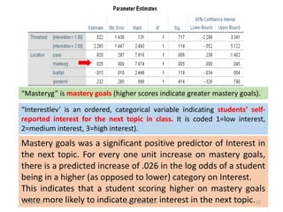 Mastery goals was a significant positive predictor of Interest in
the next topic. For every one unit increase on mastery goals,
there is a predicted increase of .026 in the log odds of a student
being in a higher (as opposed to lower) category on Interest.
This indicates that a student scoring higher on mastery goals
were more likely to indicate greater interest in the next topic.
“Masteryg” is mastery goals (higher scores indicate greater mastery goals).
“Interestlev’ is an ordered, categorical variable indicating students’ self-
reported interest for the next topic in class. It is coded 1=low interest,
2=medium interest, 3=high interest).
3/29/2020 DR ATHAR KHAN 22
 