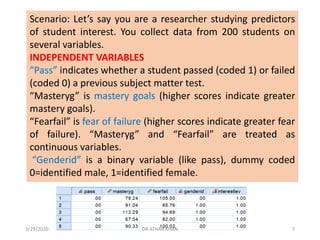 Scenario: Let’s say you are a researcher studying predictors
of student interest. You collect data from 200 students on
several variables.
INDEPENDENT VARIABLES
“Pass” indicates whether a student passed (coded 1) or failed
(coded 0) a previous subject matter test.
“Masteryg” is mastery goals (higher scores indicate greater
mastery goals).
“Fearfail” is fear of failure (higher scores indicate greater fear
of failure). “Masteryg” and “Fearfail” are treated as
continuous variables.
“Genderid” is a binary variable (like pass), dummy coded
0=identified male, 1=identified female.
3/29/2020 DR ATHAR KHAN 7
 